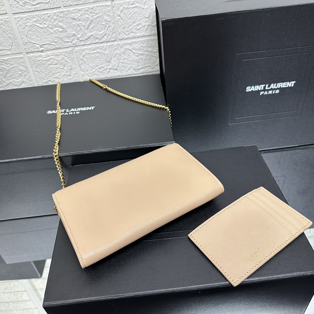 SAINT LAURENT Grain De Poudre Monogram Uptown Chain Wallet Dark Beige-Gold hardware - Bag
