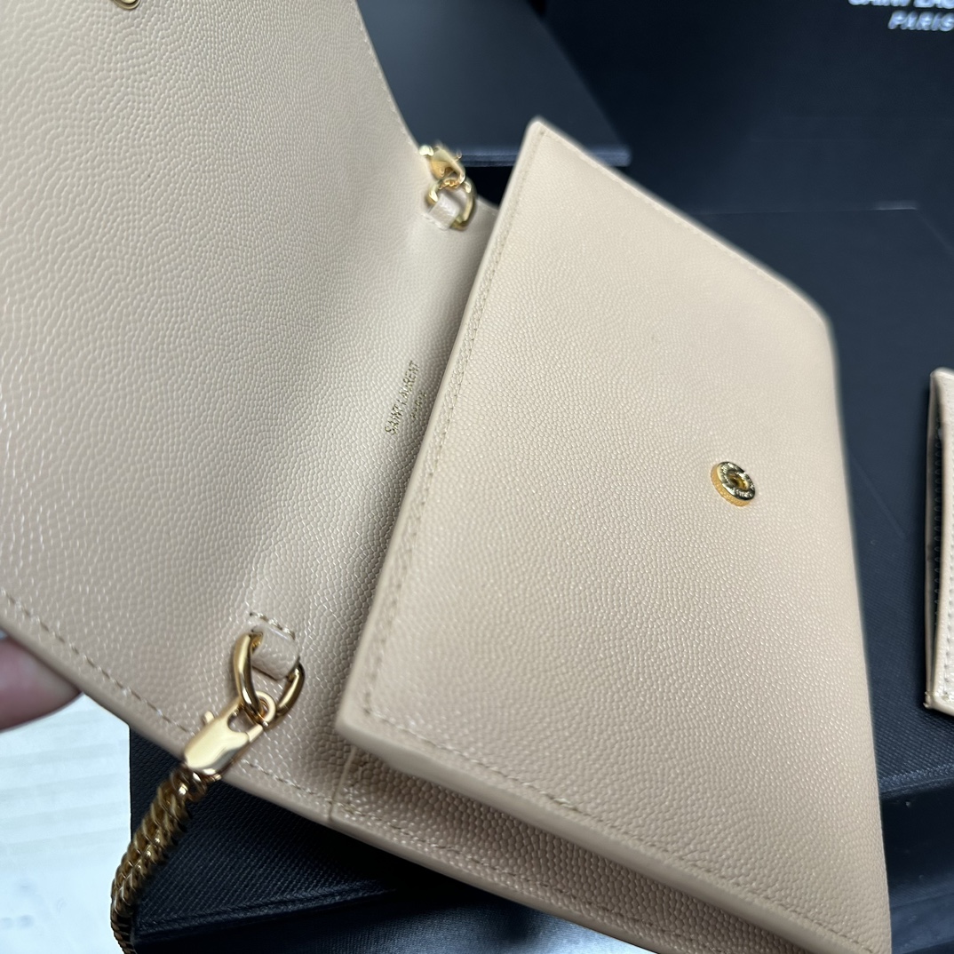 SAINT LAURENT Grain De Poudre Monogram Uptown Chain Wallet Dark Beige-Gold hardware - Bag