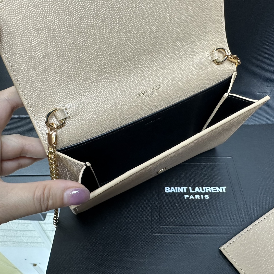 SAINT LAURENT Grain De Poudre Monogram Uptown Chain Wallet Dark Beige-Gold hardware - Bag