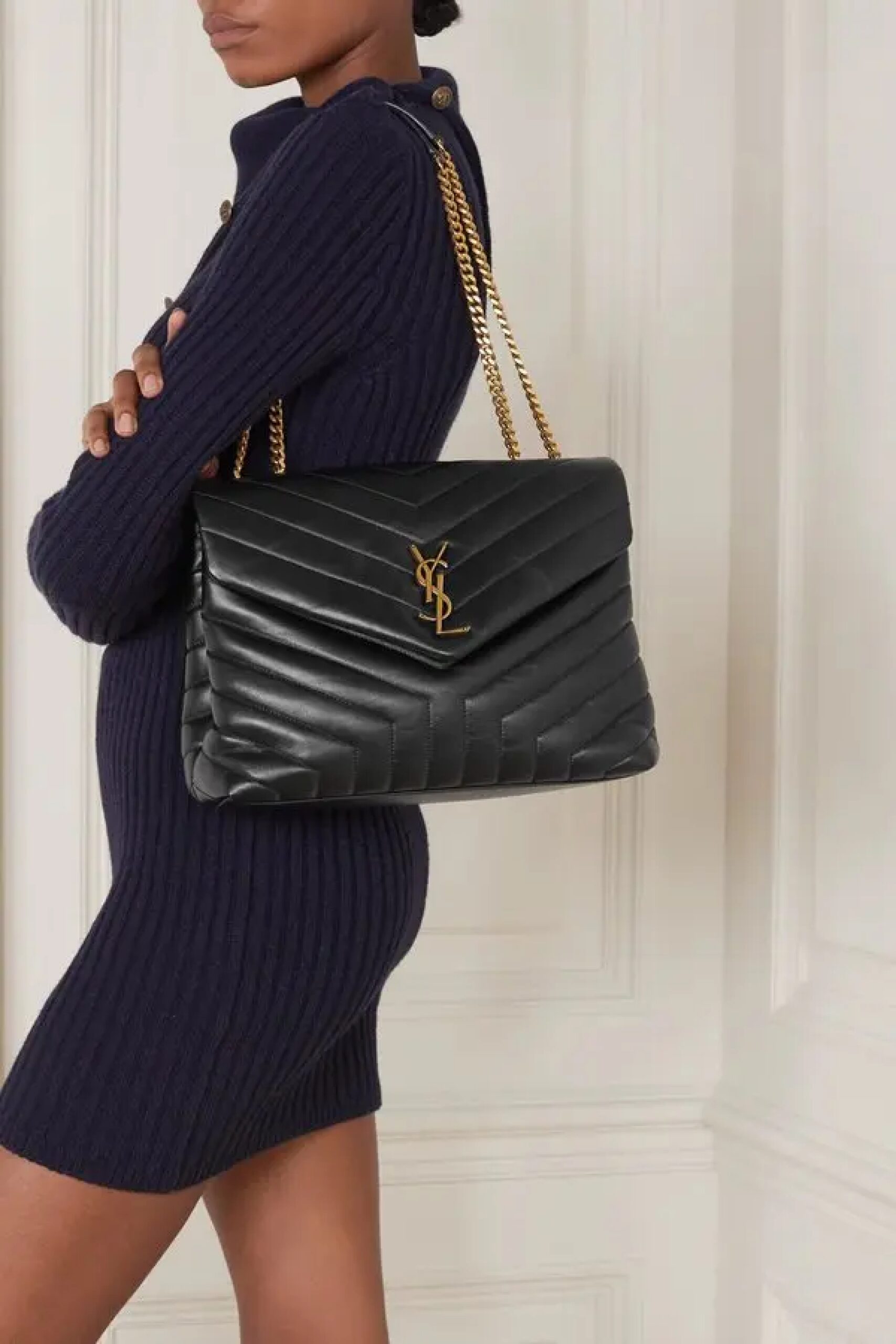 [TOP] SAINT LAURENT Loulou medium quilted leather shoulder bag black Bag-Black hardware