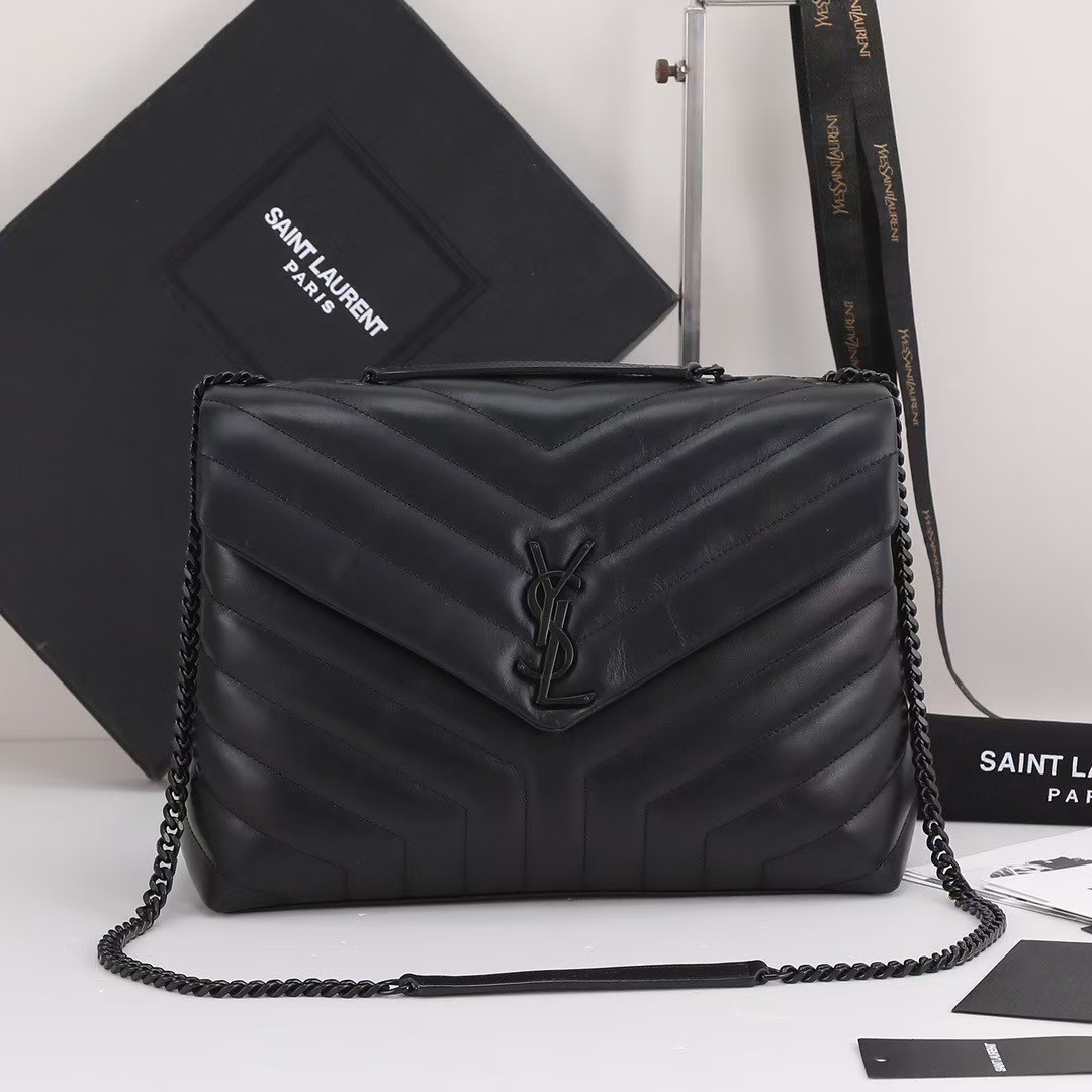 [TOP] SAINT LAURENT Loulou medium quilted leather shoulder bag black Bag-Black hardware