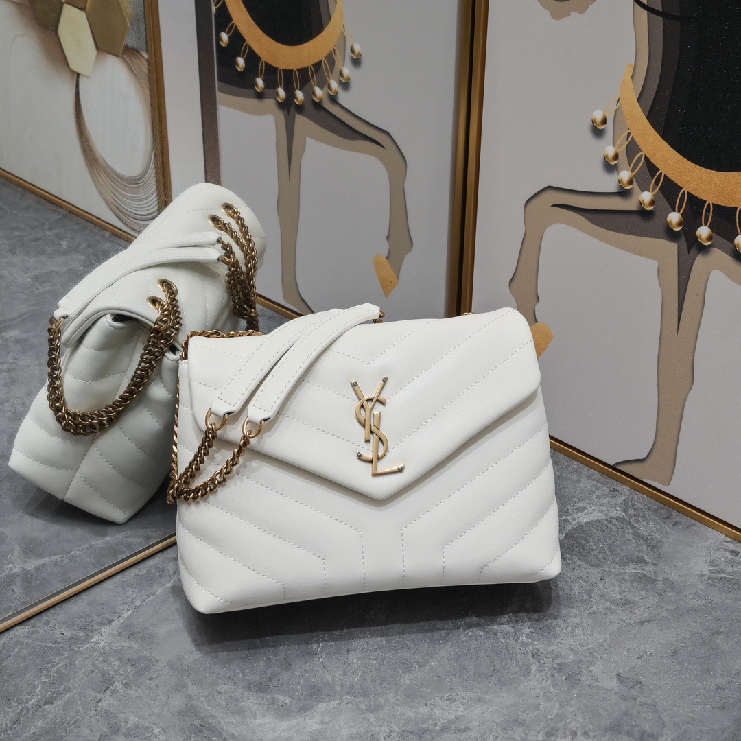 SAINT LAURENT Loulou small quilted leather white golden hardware shoulder bag