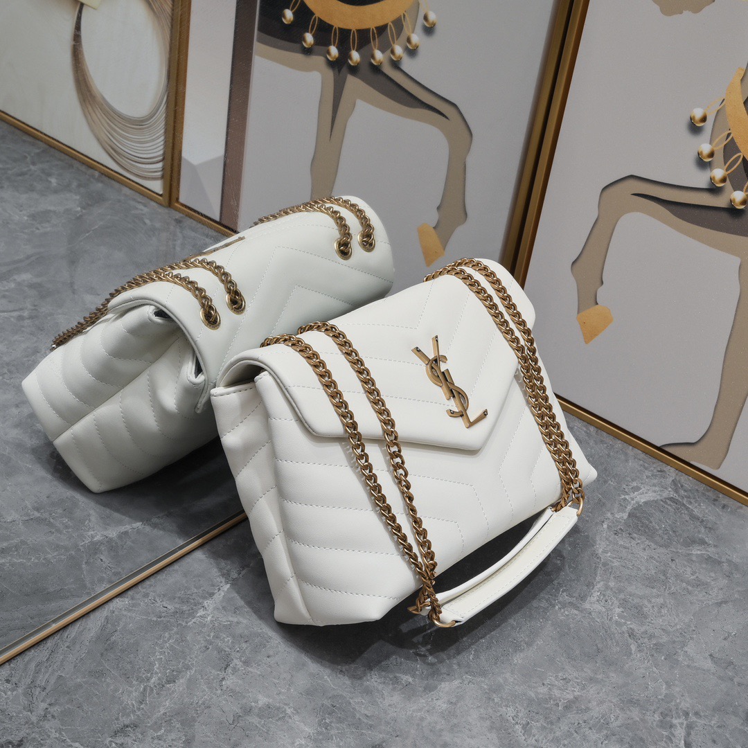 SAINT LAURENT Loulou small quilted leather white golden hardware shoulder bag
