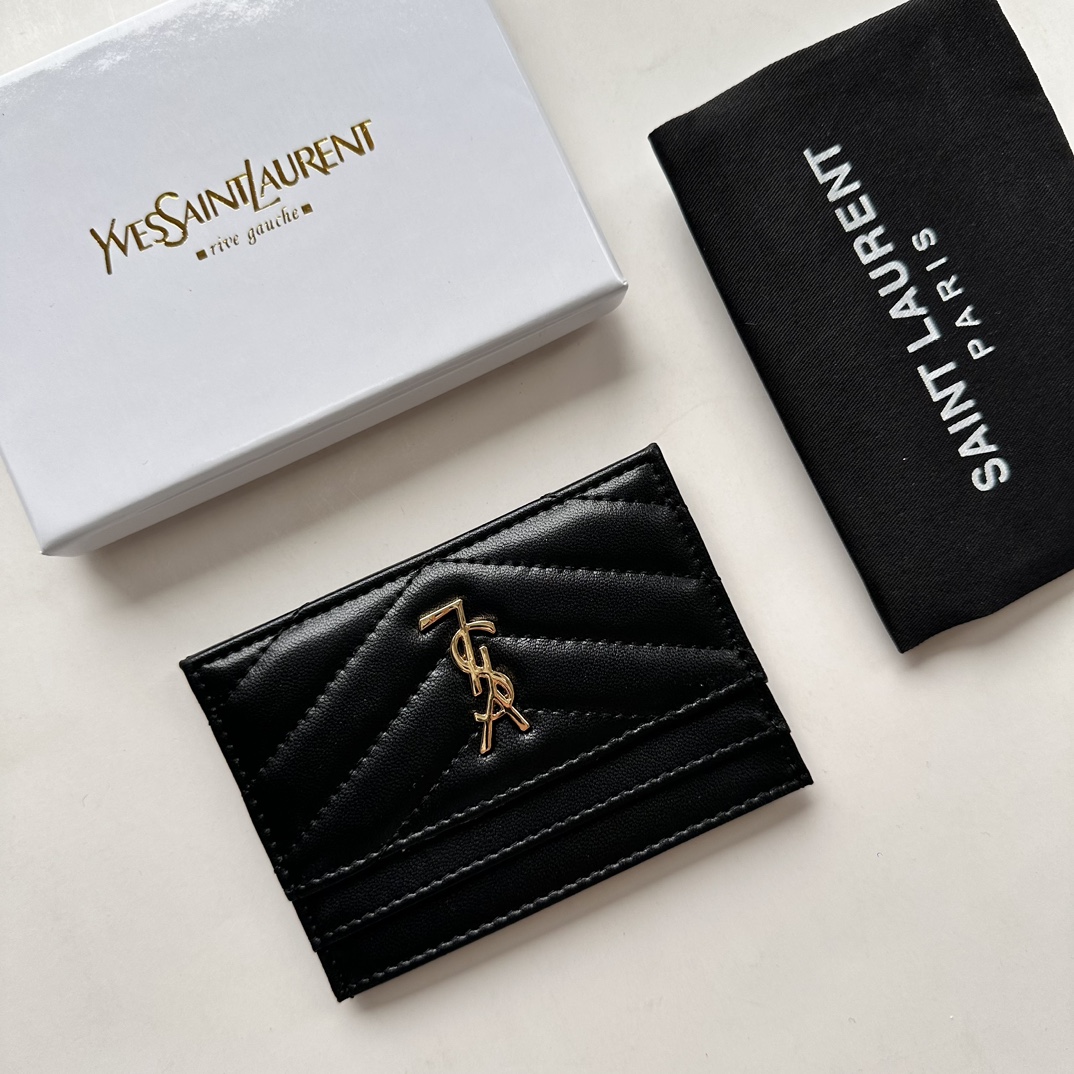 Saint Laurent CASSANDRE MATELASSÉ card case in lambskin -Black and Gold Wallet