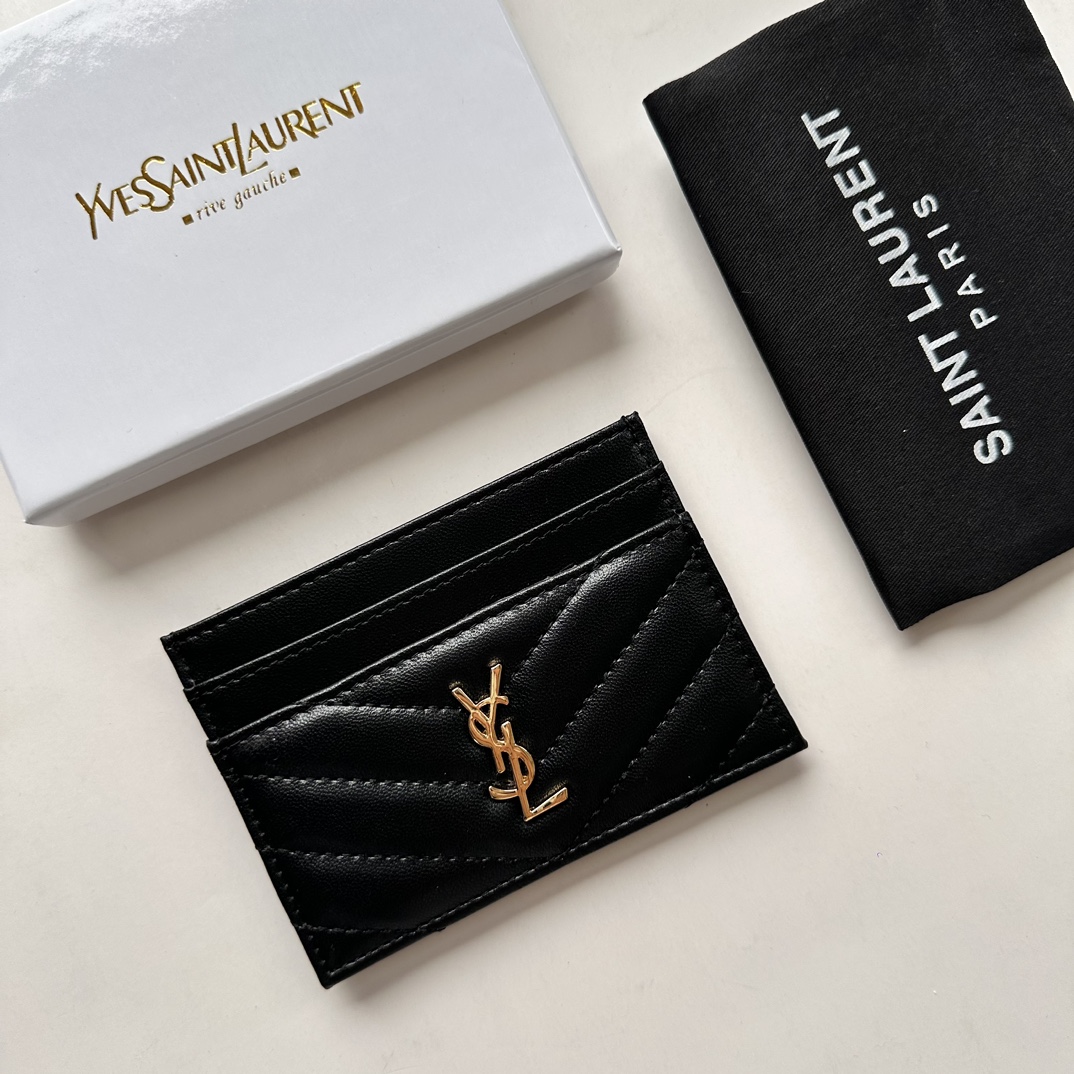 Saint Laurent CASSANDRE MATELASSÉ card case in lambskin -Black and Gold Wallet