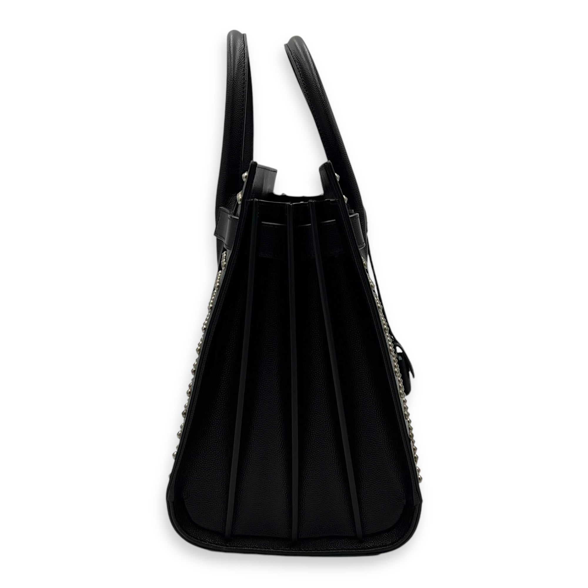 Sac de Jour Small Black Top Handle Bag in Calfskin, Silver hardware
