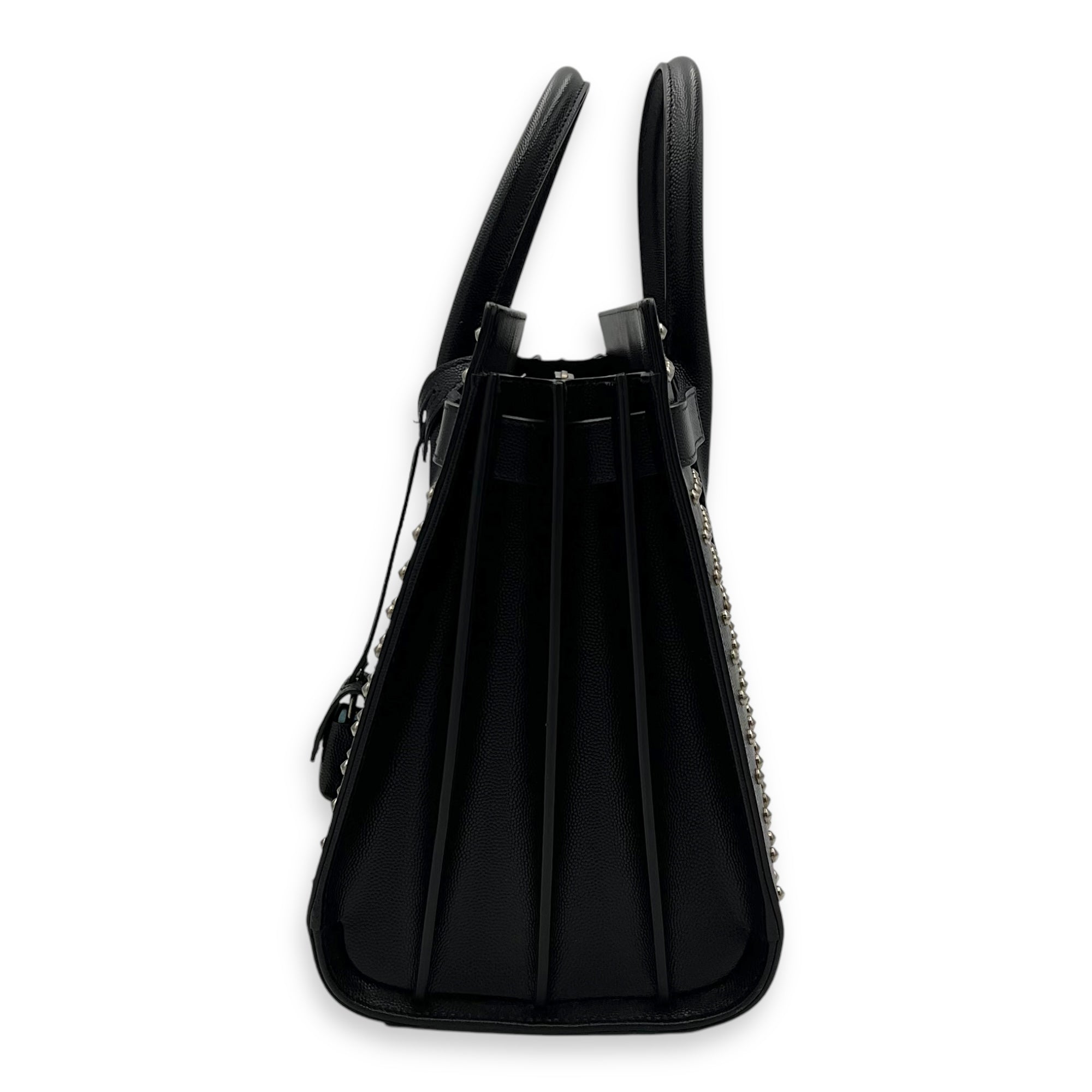 Sac de Jour Small Black Top Handle Bag in Calfskin, Silver hardware