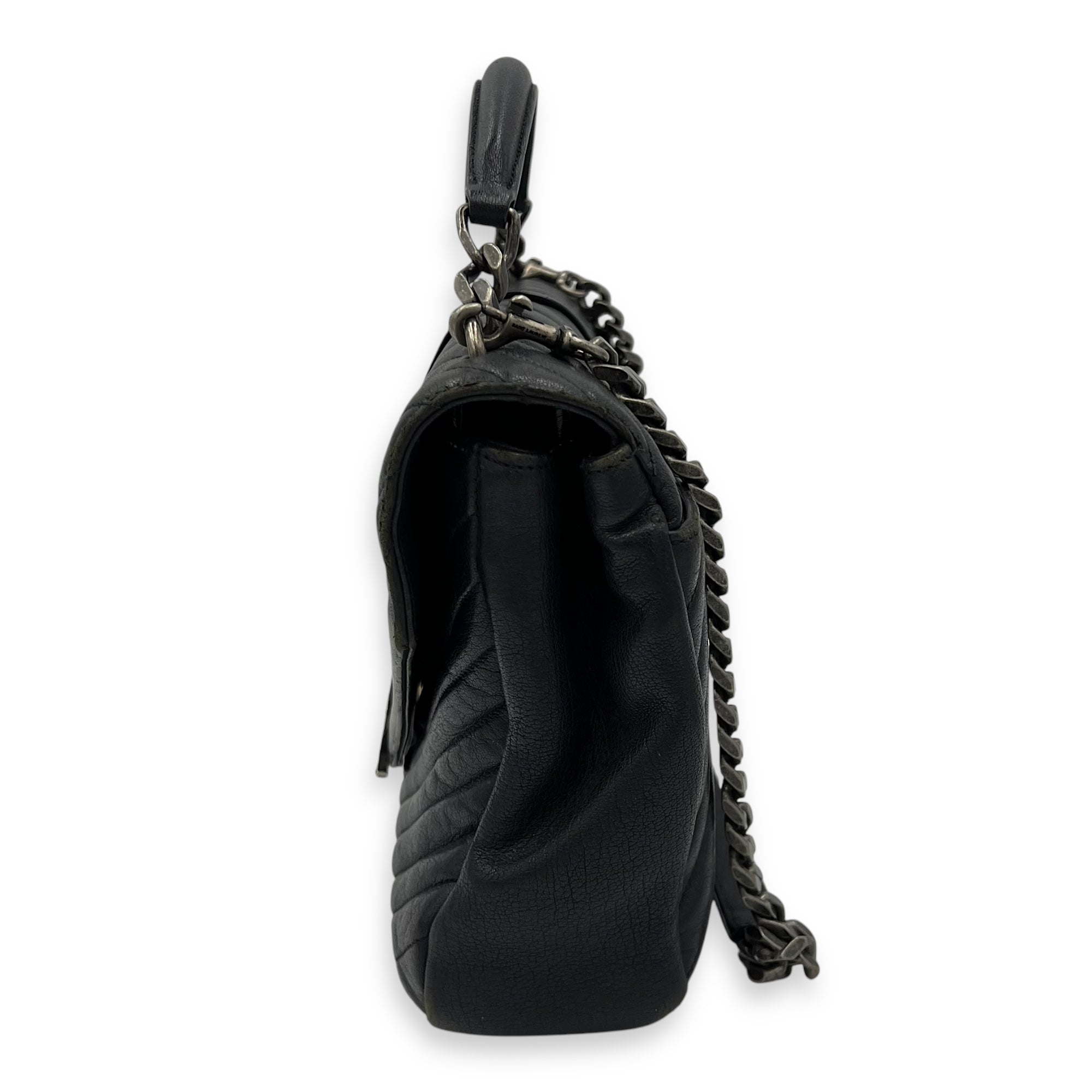 College Large Grey Shoulder Bag in Calfskin, Silver hardware