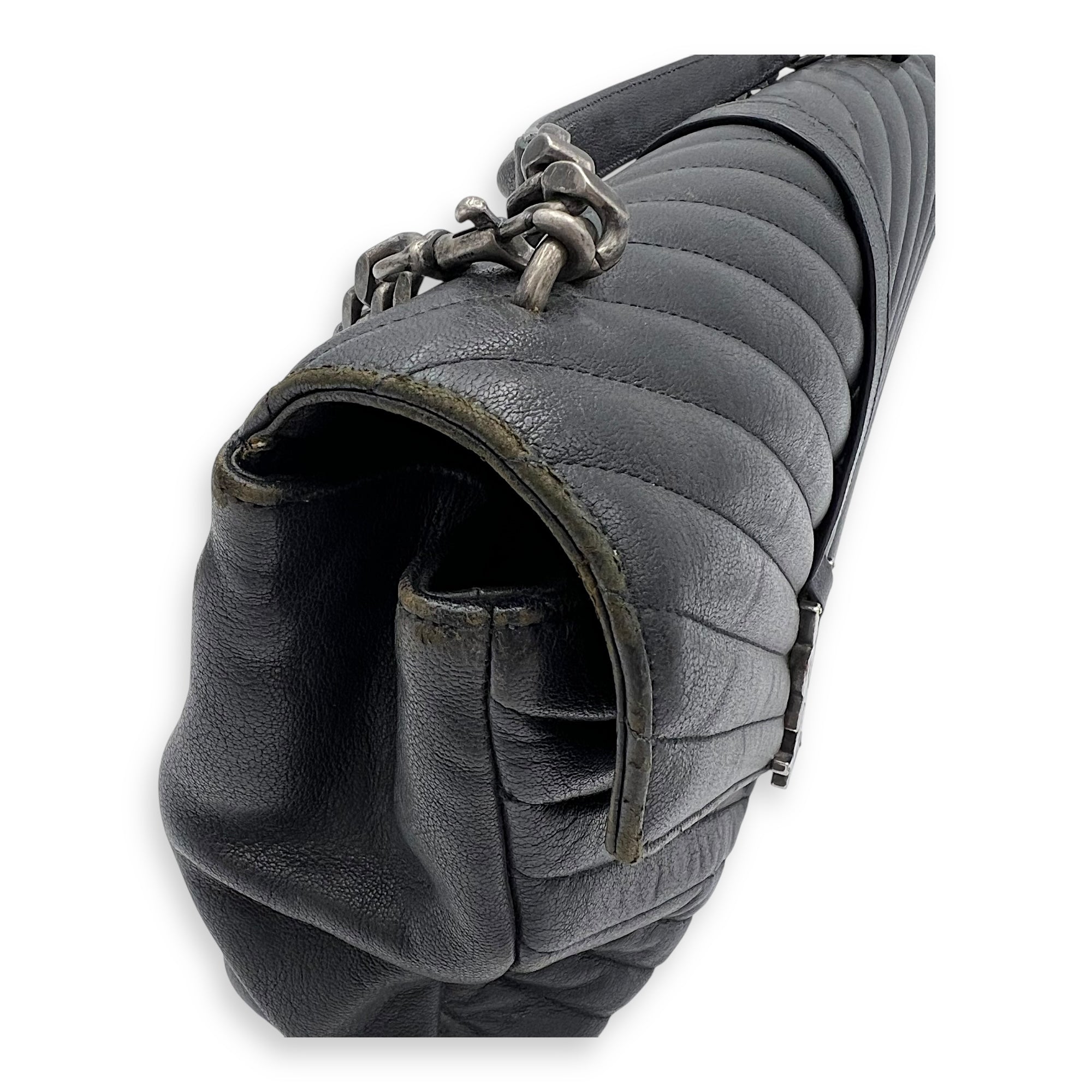 College Large Grey Shoulder Bag in Calfskin, Silver hardware