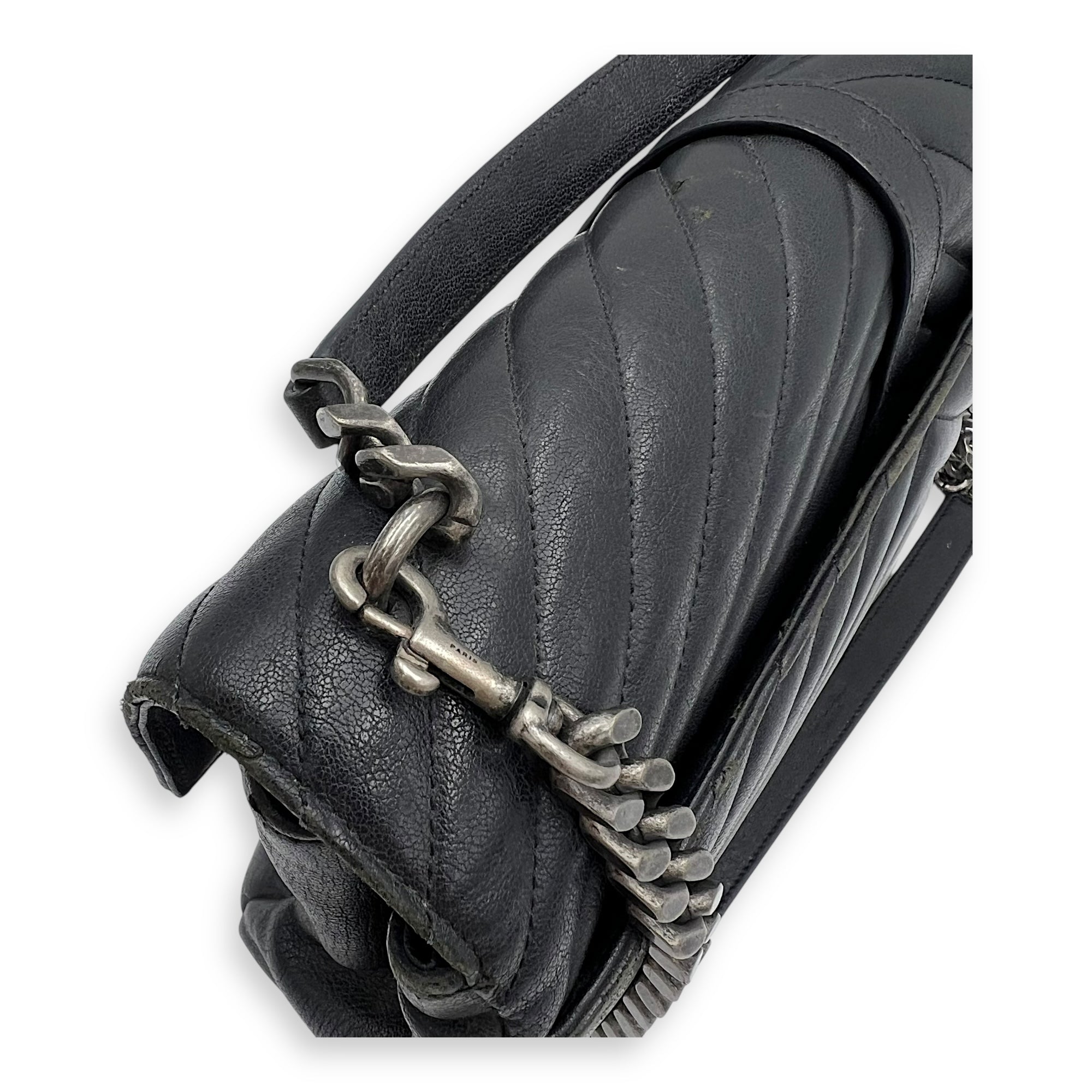 College Large Grey Shoulder Bag in Calfskin, Silver hardware