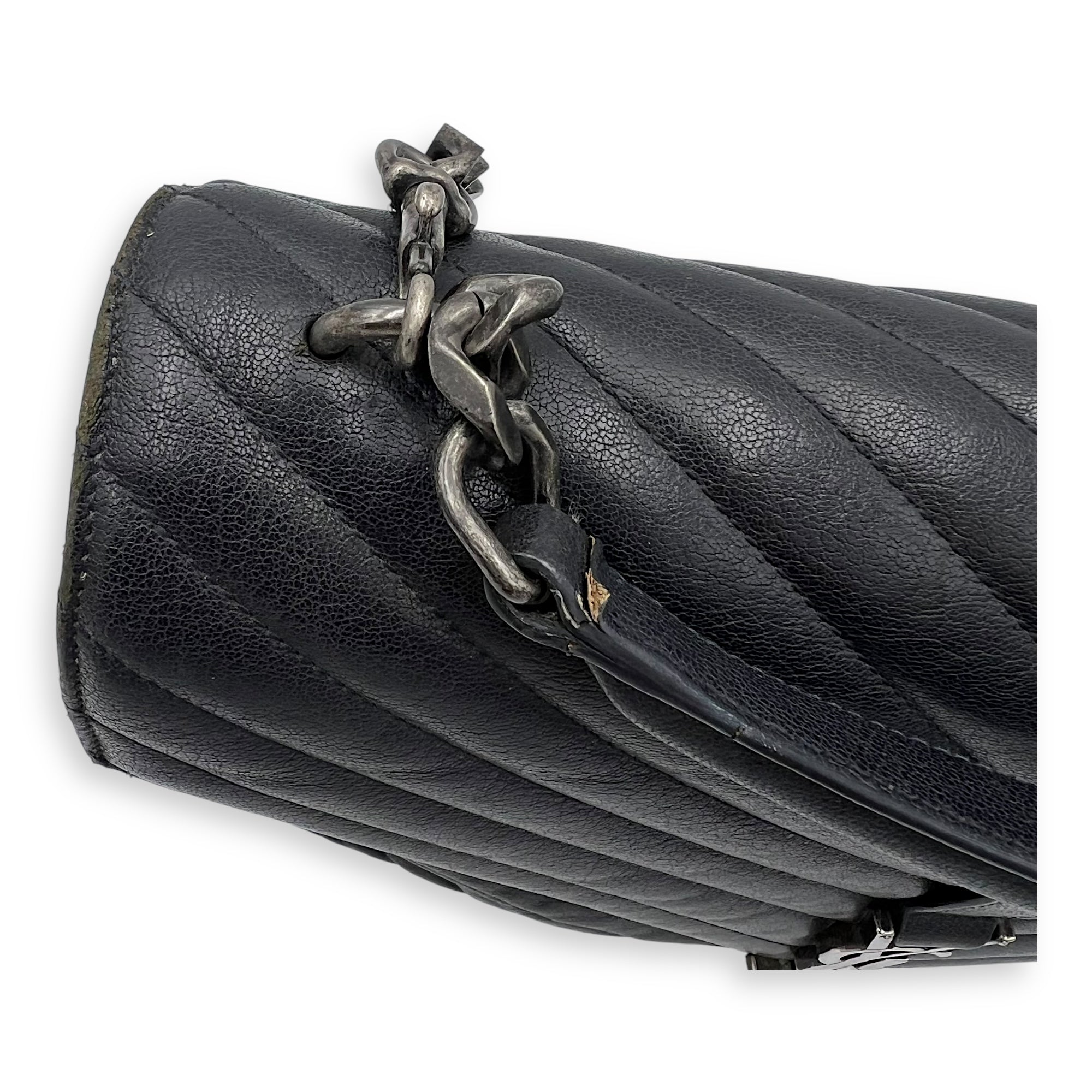 College Large Grey Shoulder Bag in Calfskin, Silver hardware