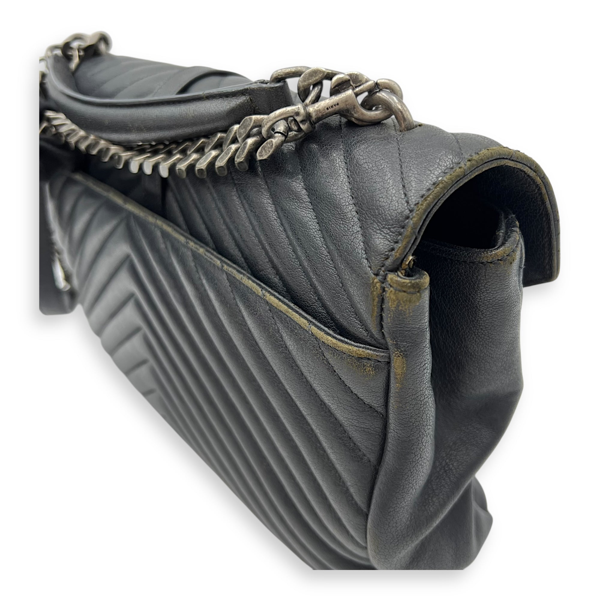 College Large Grey Shoulder Bag in Calfskin, Silver hardware