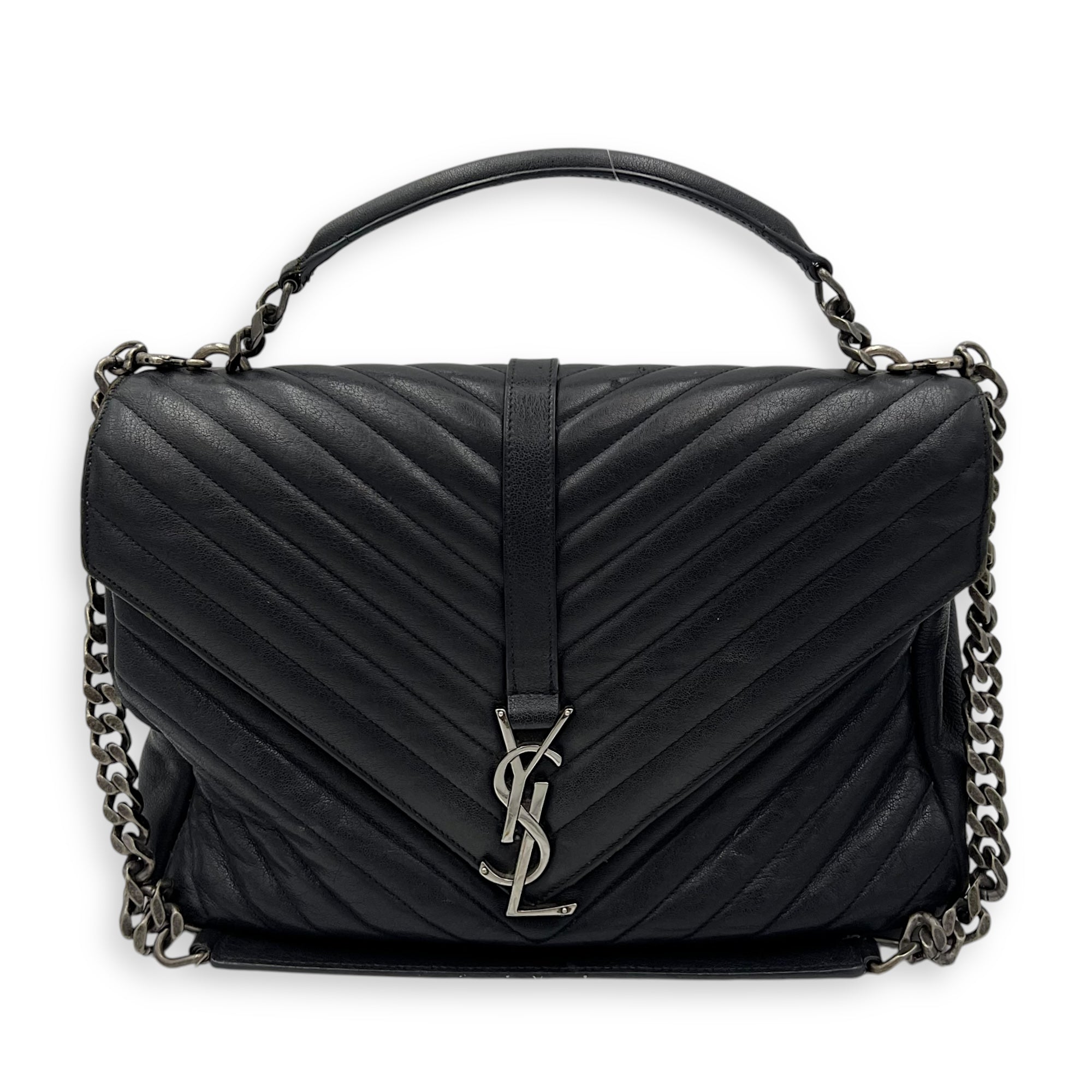 College Large Grey Shoulder Bag in Calfskin, Silver hardware