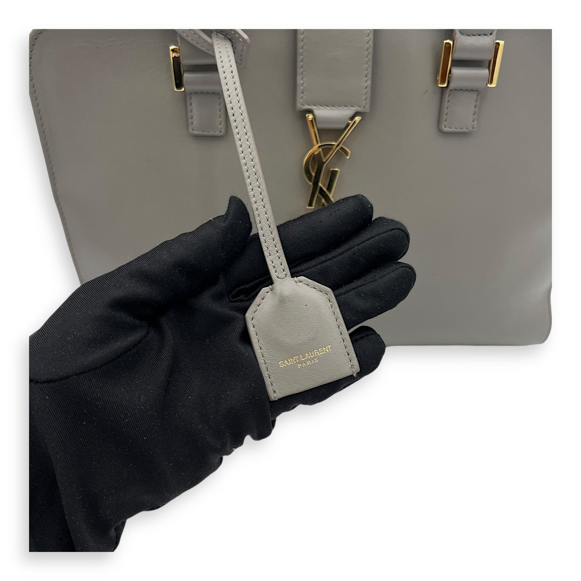 Cabas Small Grey Top Handle Bag in Calfskin, Gold hardware
