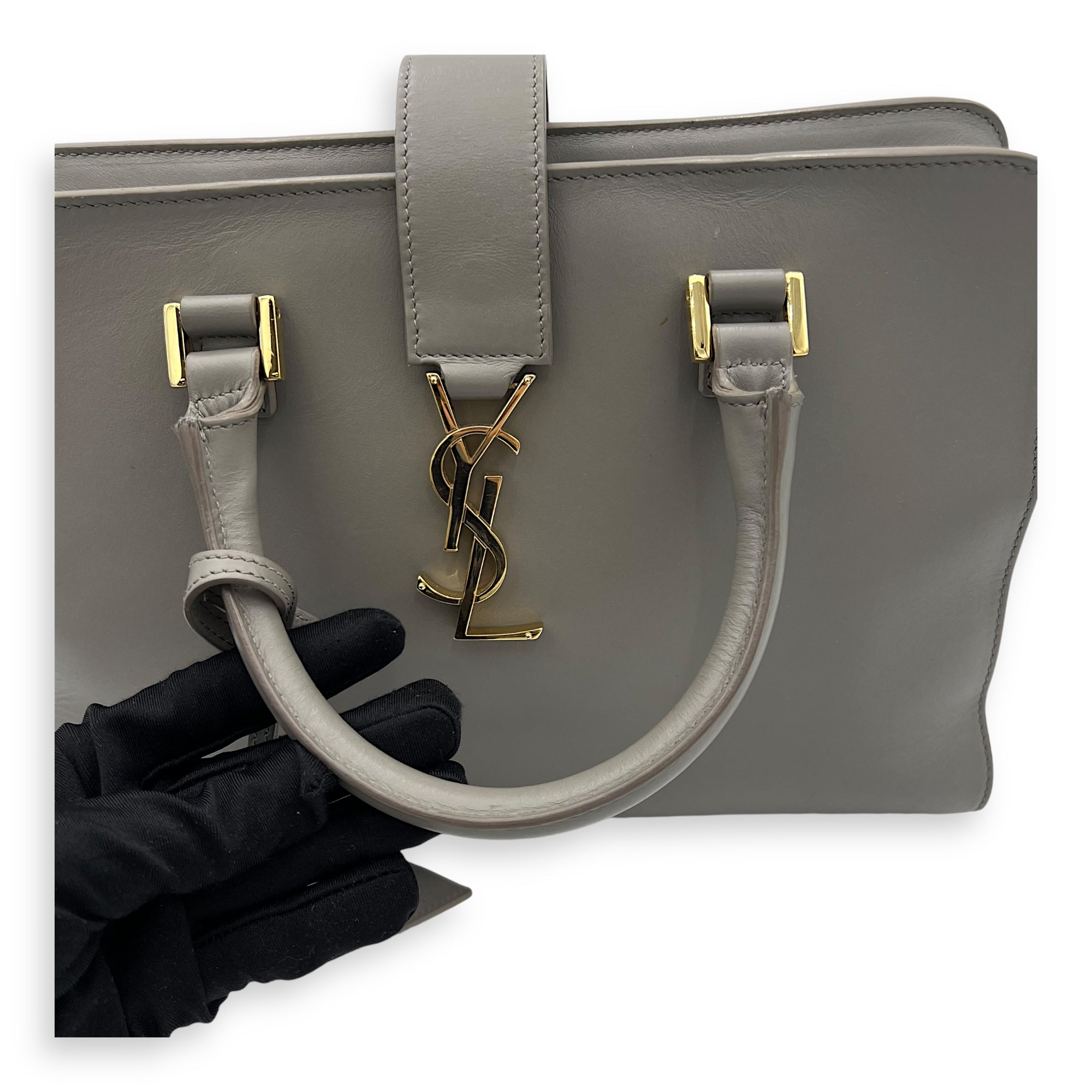 Cabas Small Grey Top Handle Bag in Calfskin, Gold hardware