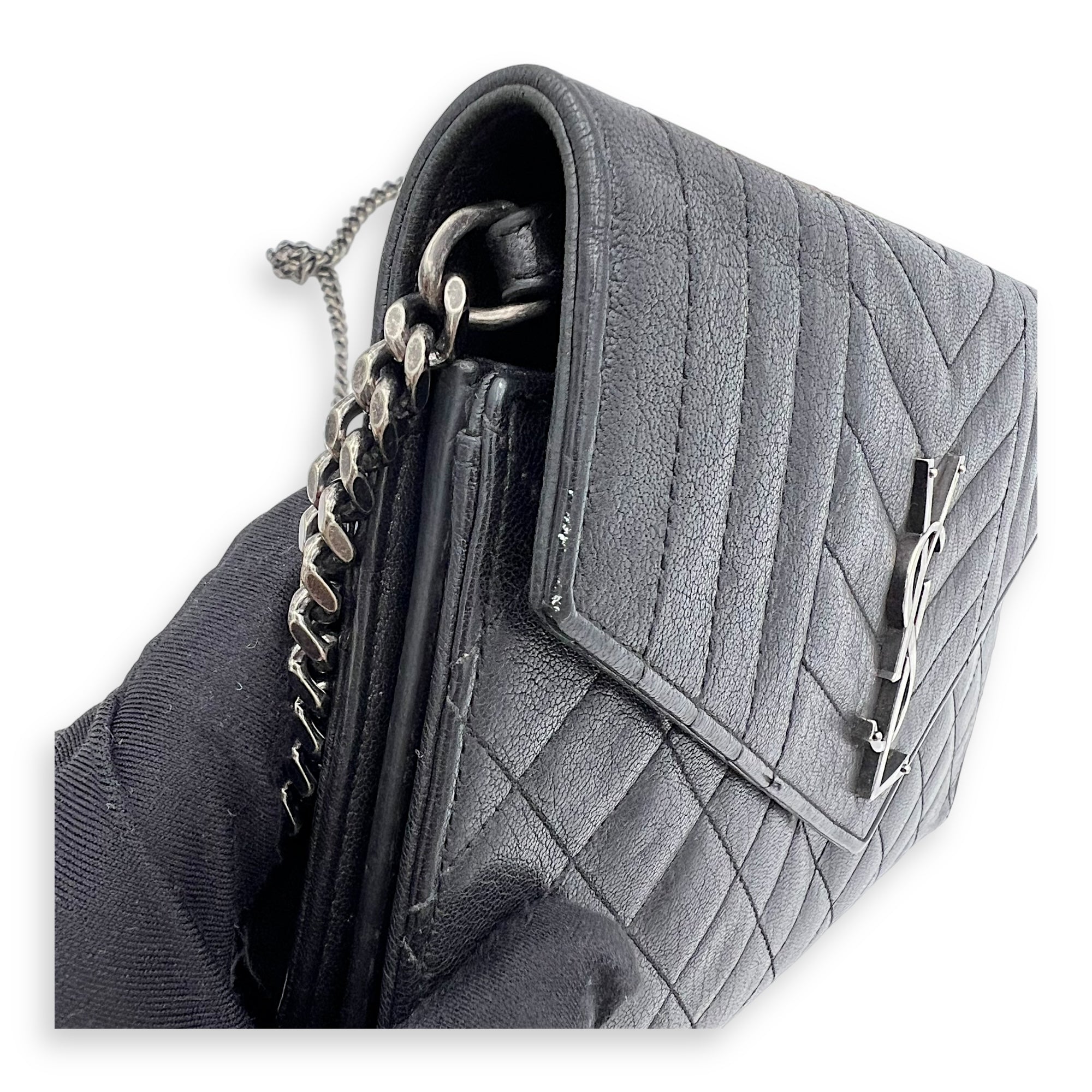 Envelope Wallet On Chain Black in Goat Leather, Silver hardware