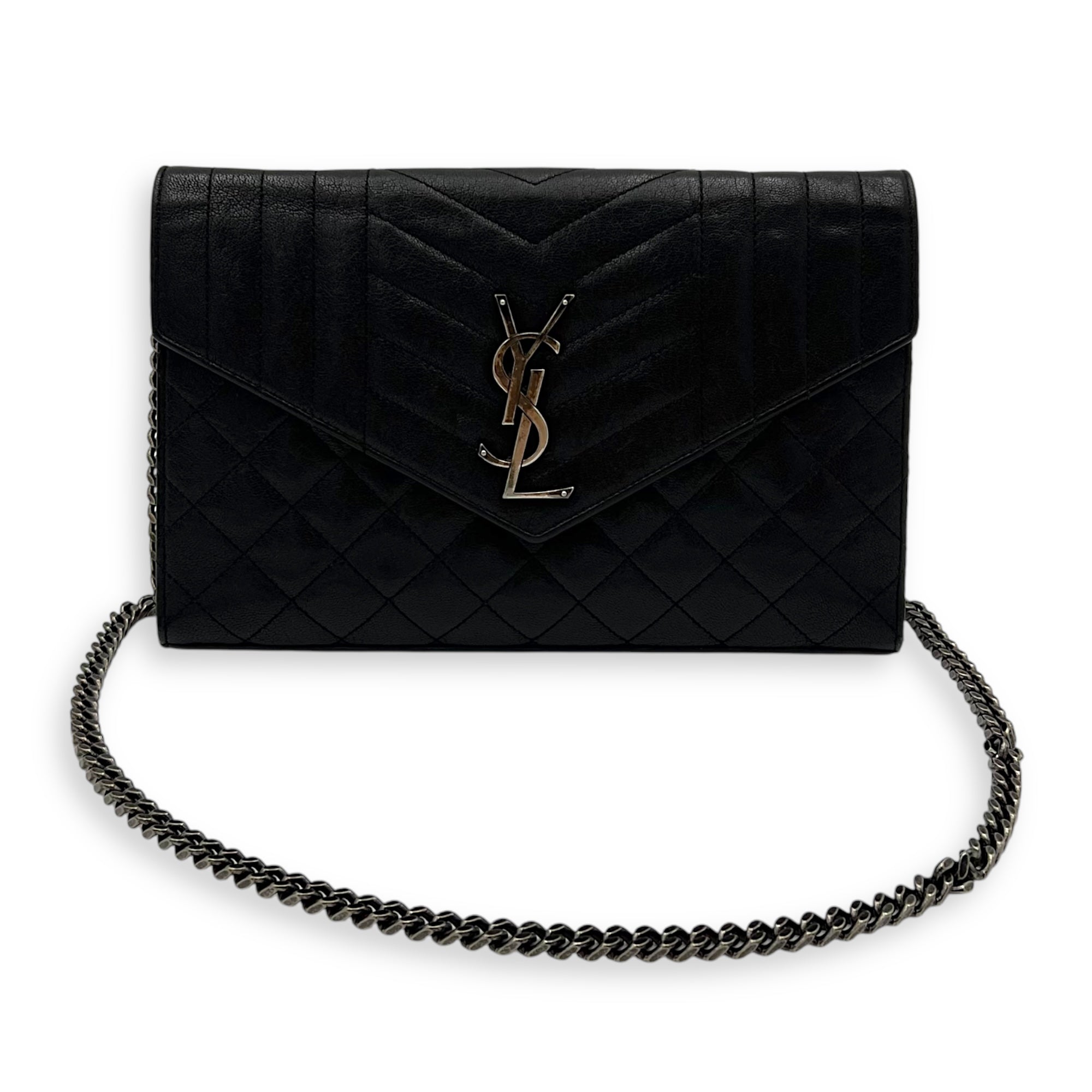 Envelope Wallet On Chain Black in Goat Leather, Silver hardware