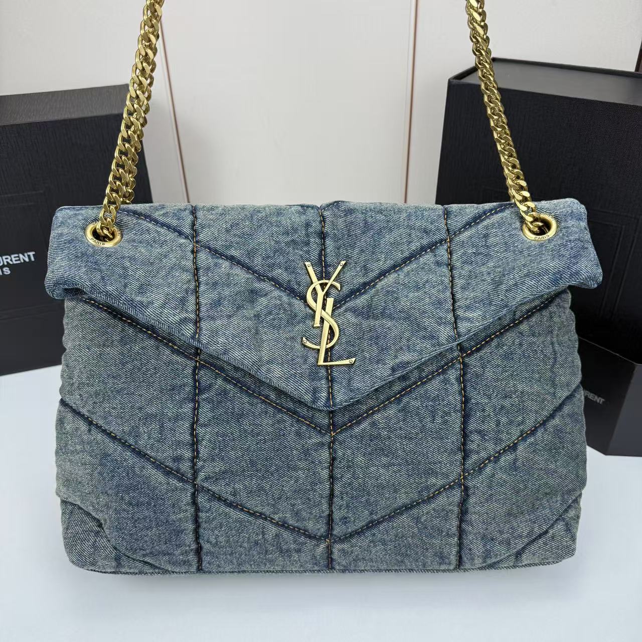 Saint Laurent LouLou Puffer Vintage Quilted Denim Crossbody Bag