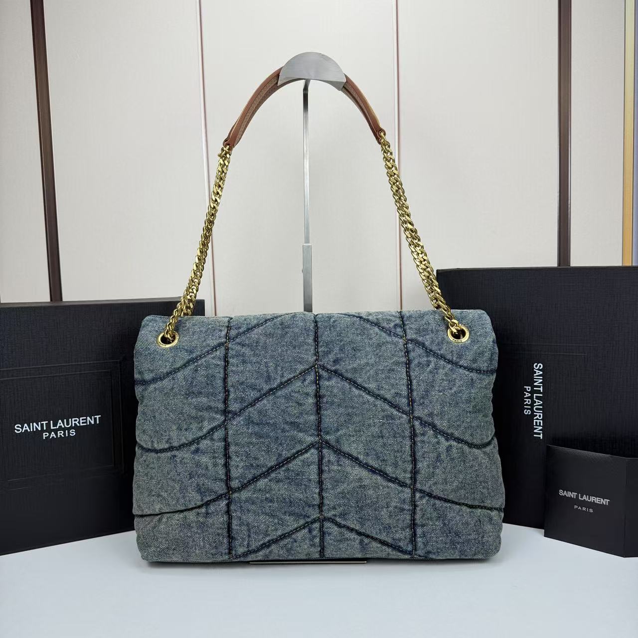Saint Laurent LouLou Puffer Vintage Quilted Denim Crossbody Bag