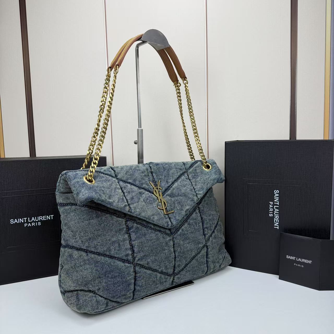 Saint Laurent LouLou Puffer Vintage Quilted Denim Crossbody Bag
