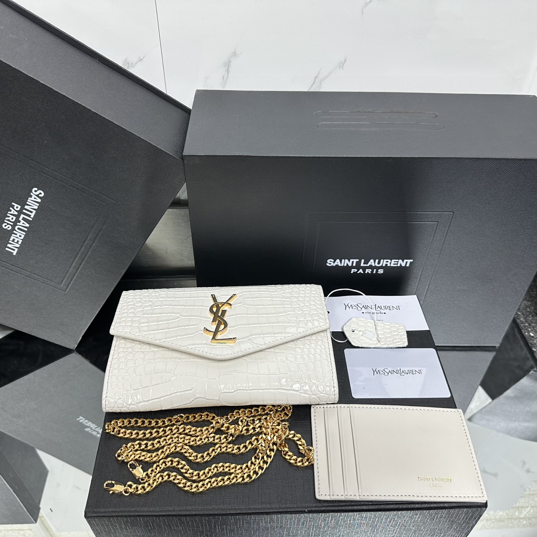 SAINT LAURENT Grain De Poudre Monogram Uptown Chain Wallet White-Gold hardware - Bag