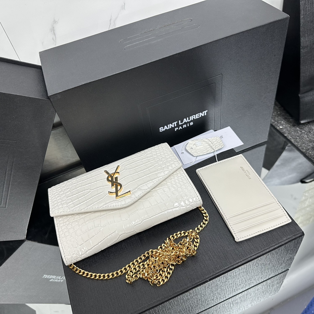 SAINT LAURENT Grain De Poudre Monogram Uptown Chain Wallet White-Gold hardware - Bag