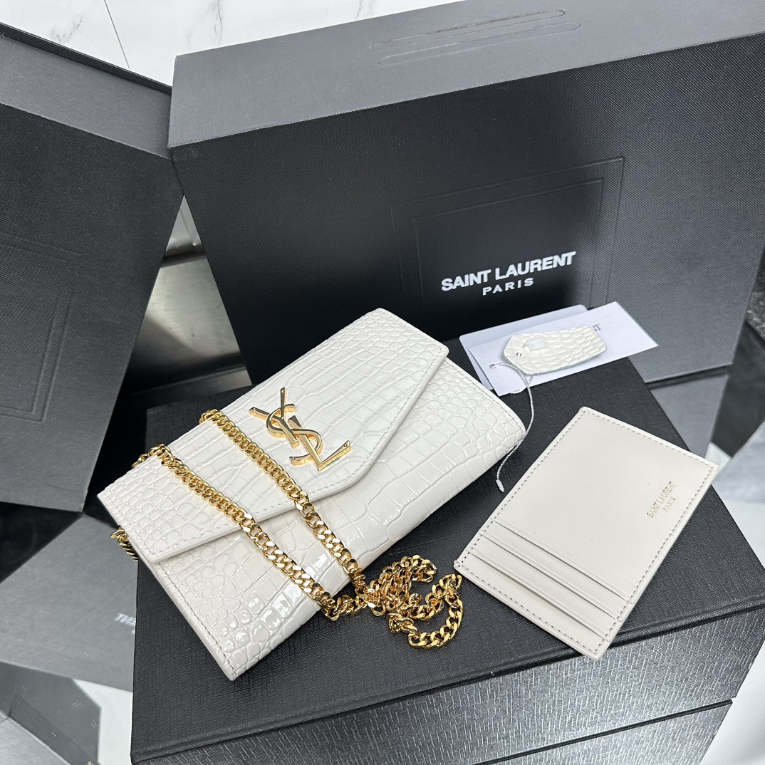 SAINT LAURENT Grain De Poudre Monogram Uptown Chain Wallet White-Gold hardware - Bag