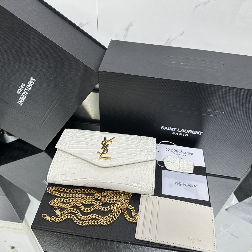 SAINT LAURENT Grain De Poudre Monogram Uptown Chain Wallet White-Gold hardware - Bag