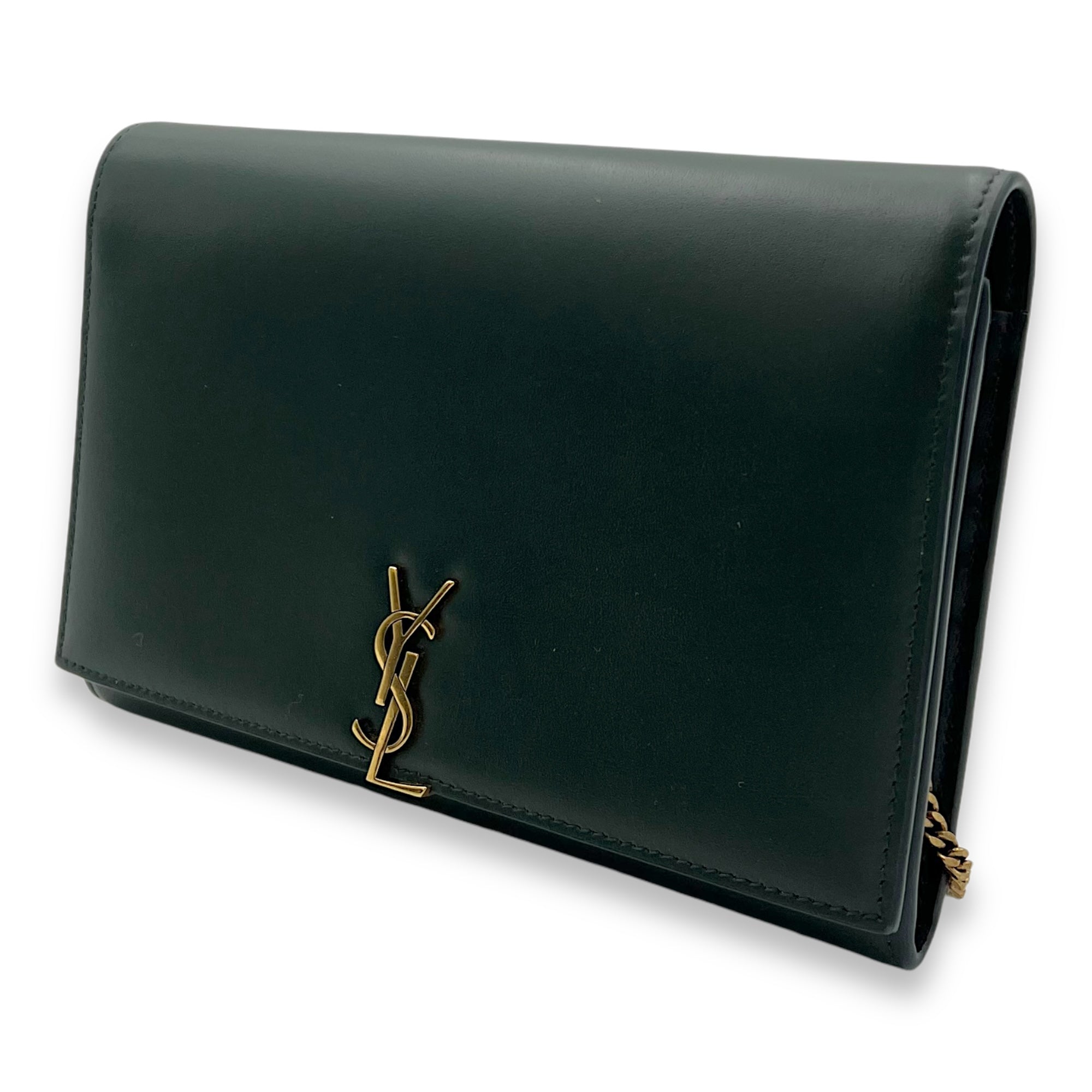 Logo Wallet On Chain Green in Calfskin, Gold hardware