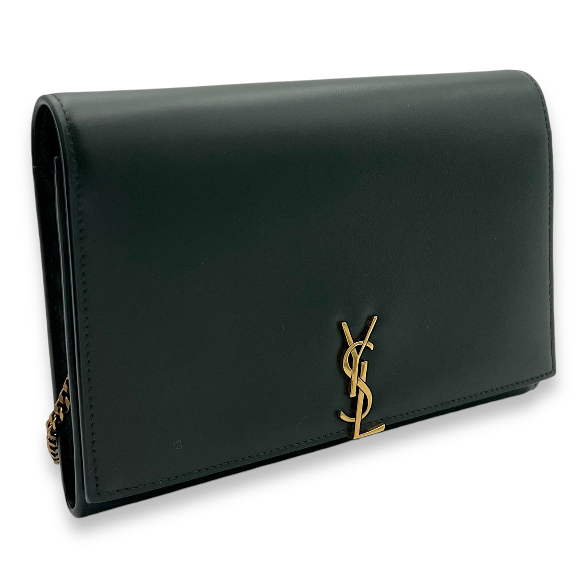 Logo Wallet On Chain Green in Calfskin, Gold hardware