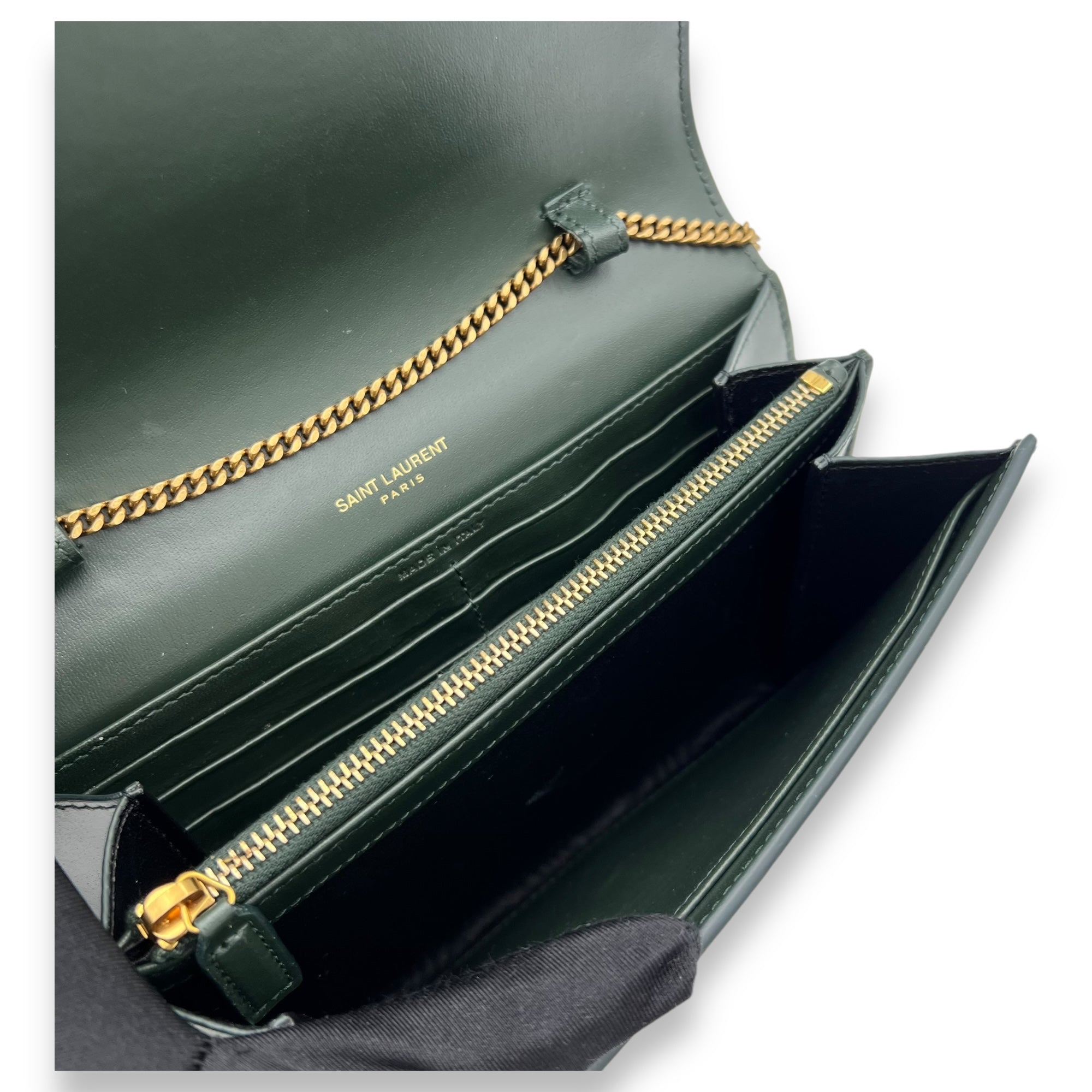 Logo Wallet On Chain Green in Calfskin, Gold hardware