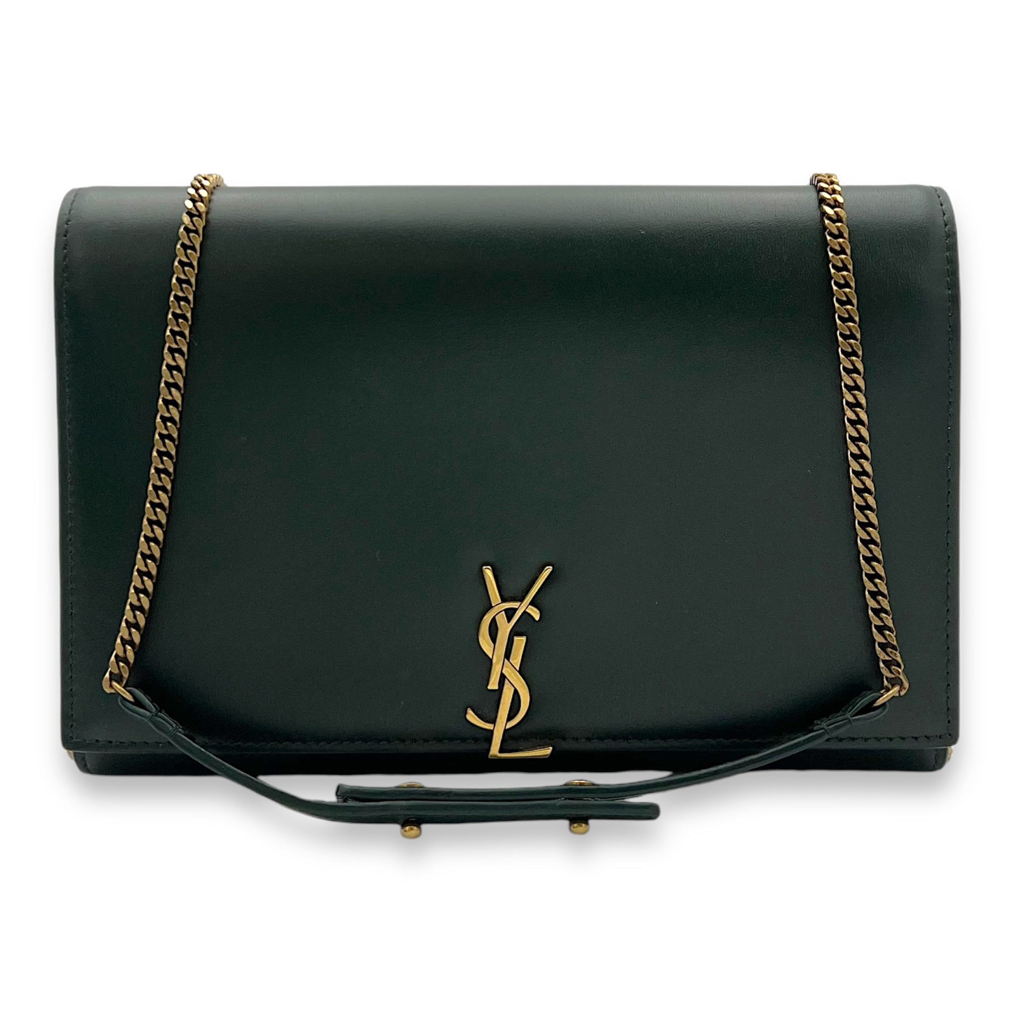 Logo Wallet On Chain Green in Calfskin, Gold hardware