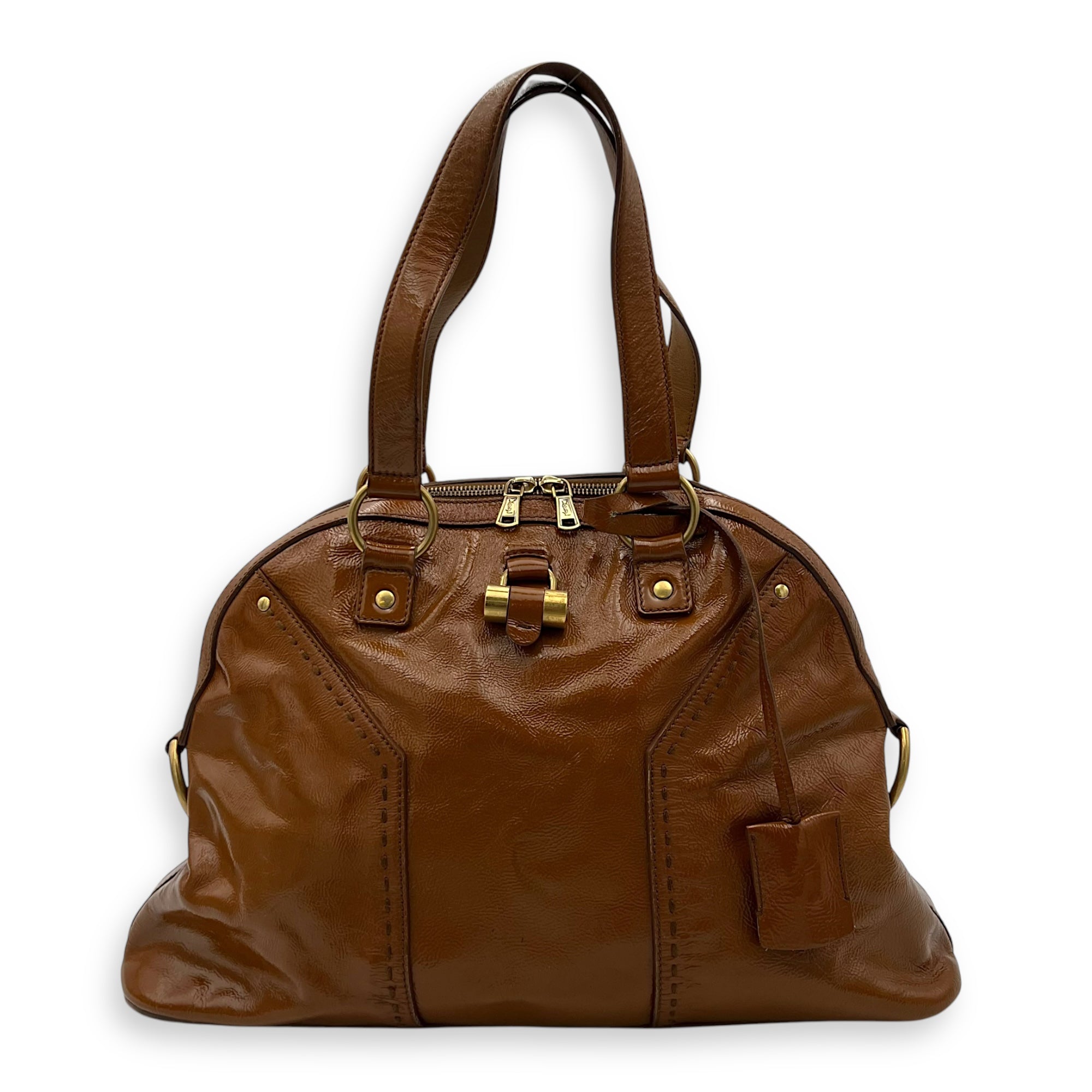 Muse Top Handle Bag Brown in Patent Leather, Gold hardware