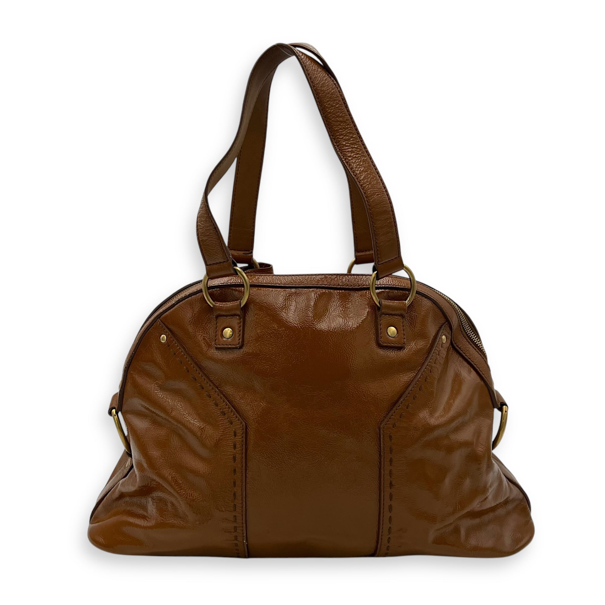 Muse Top Handle Bag Brown in Patent Leather, Gold hardware