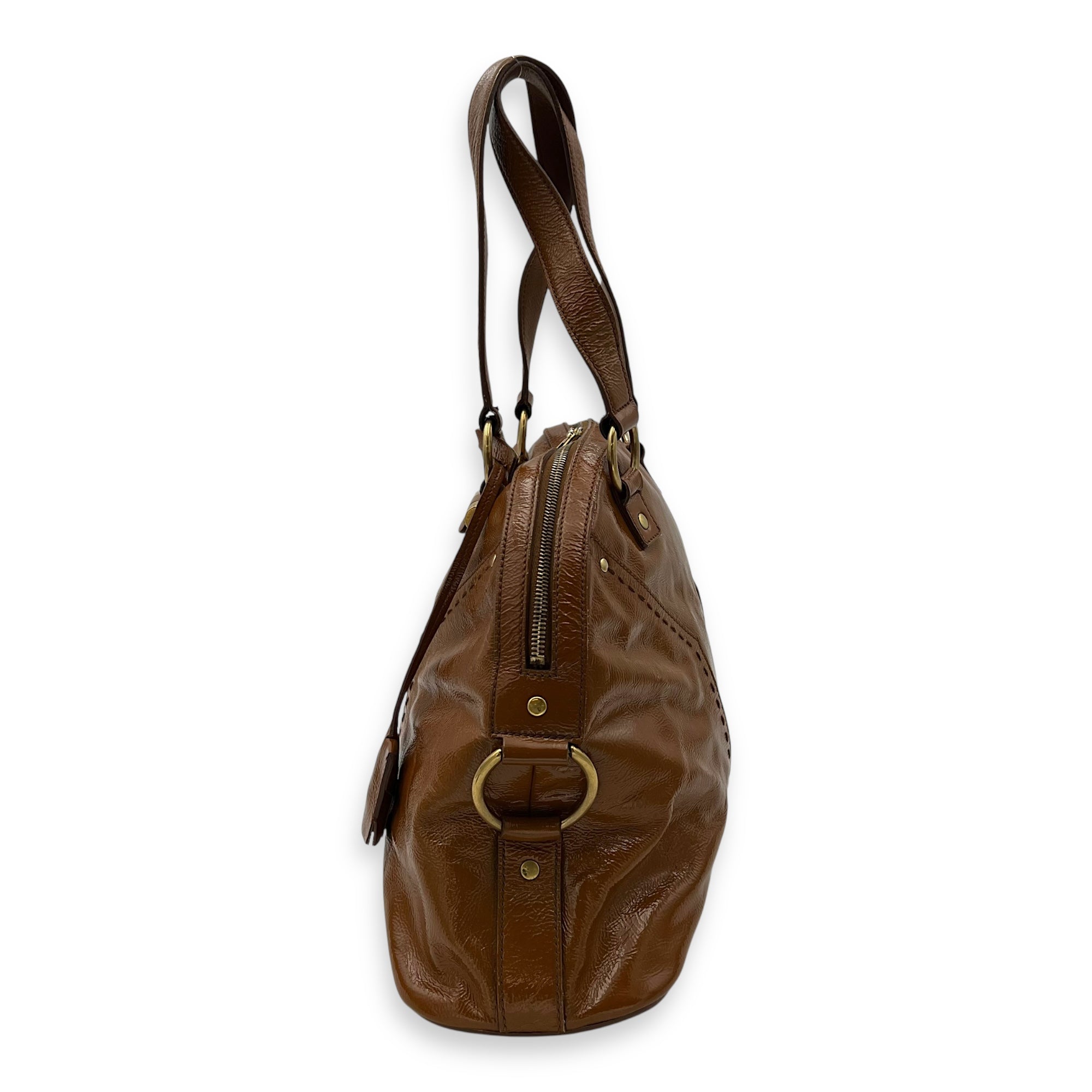 Muse Top Handle Bag Brown in Patent Leather, Gold hardware