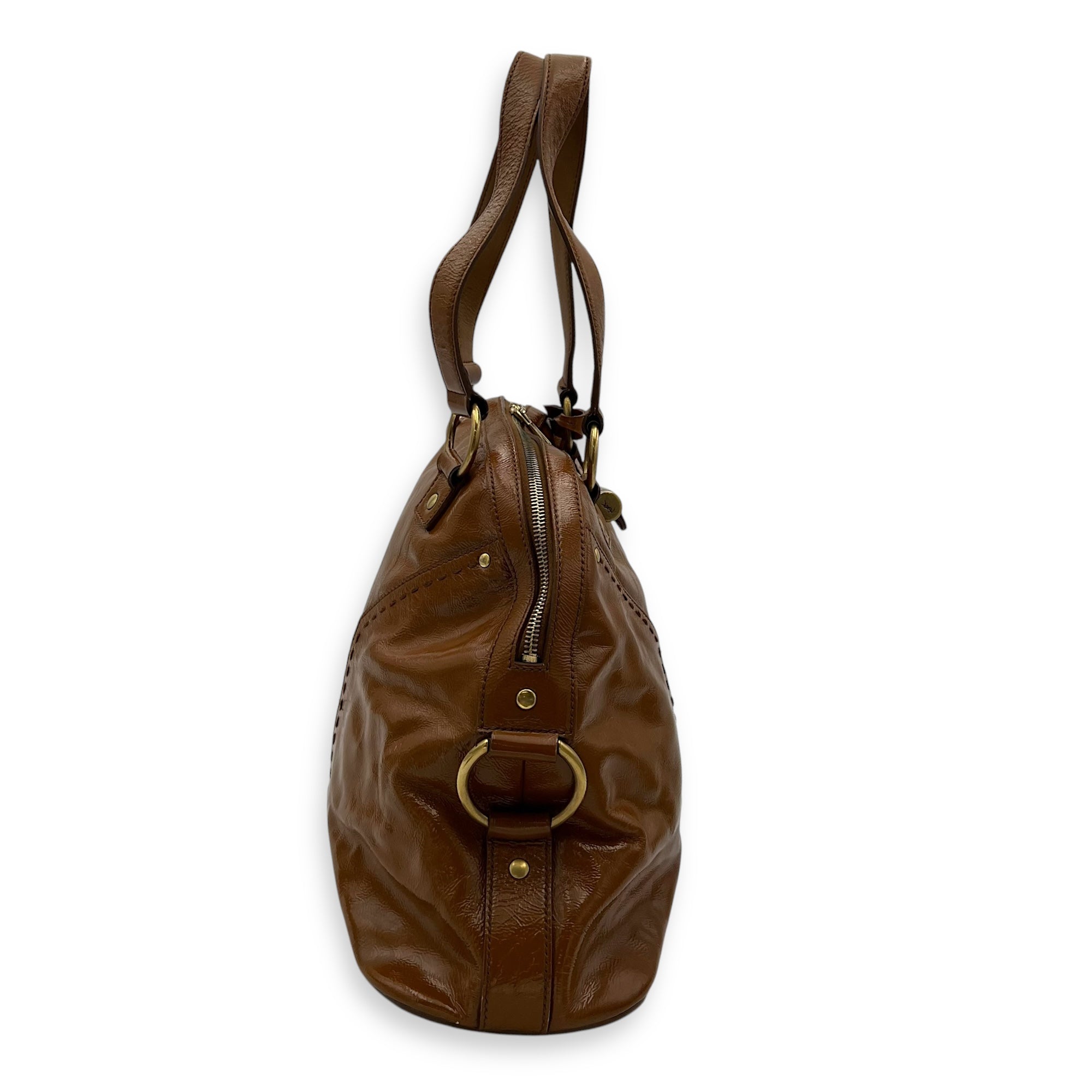 Muse Top Handle Bag Brown in Patent Leather, Gold hardware