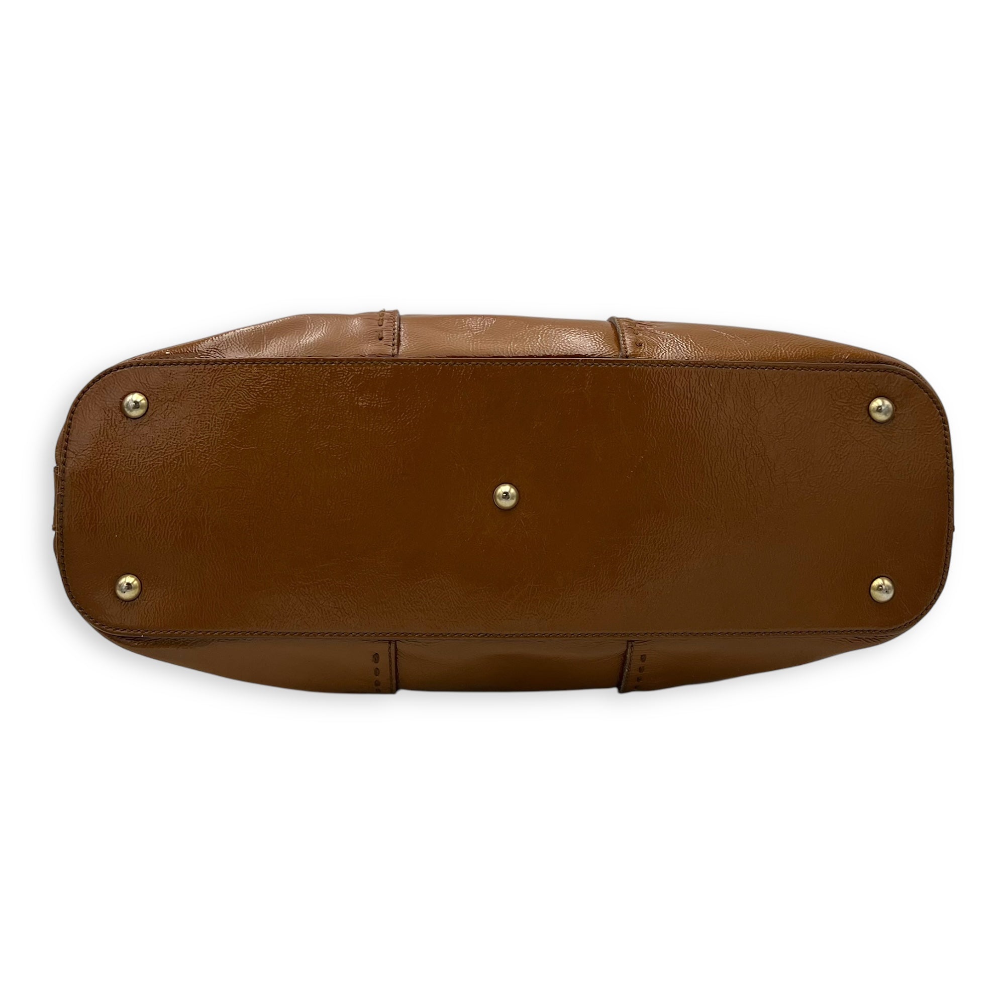 Muse Top Handle Bag Brown in Patent Leather, Gold hardware