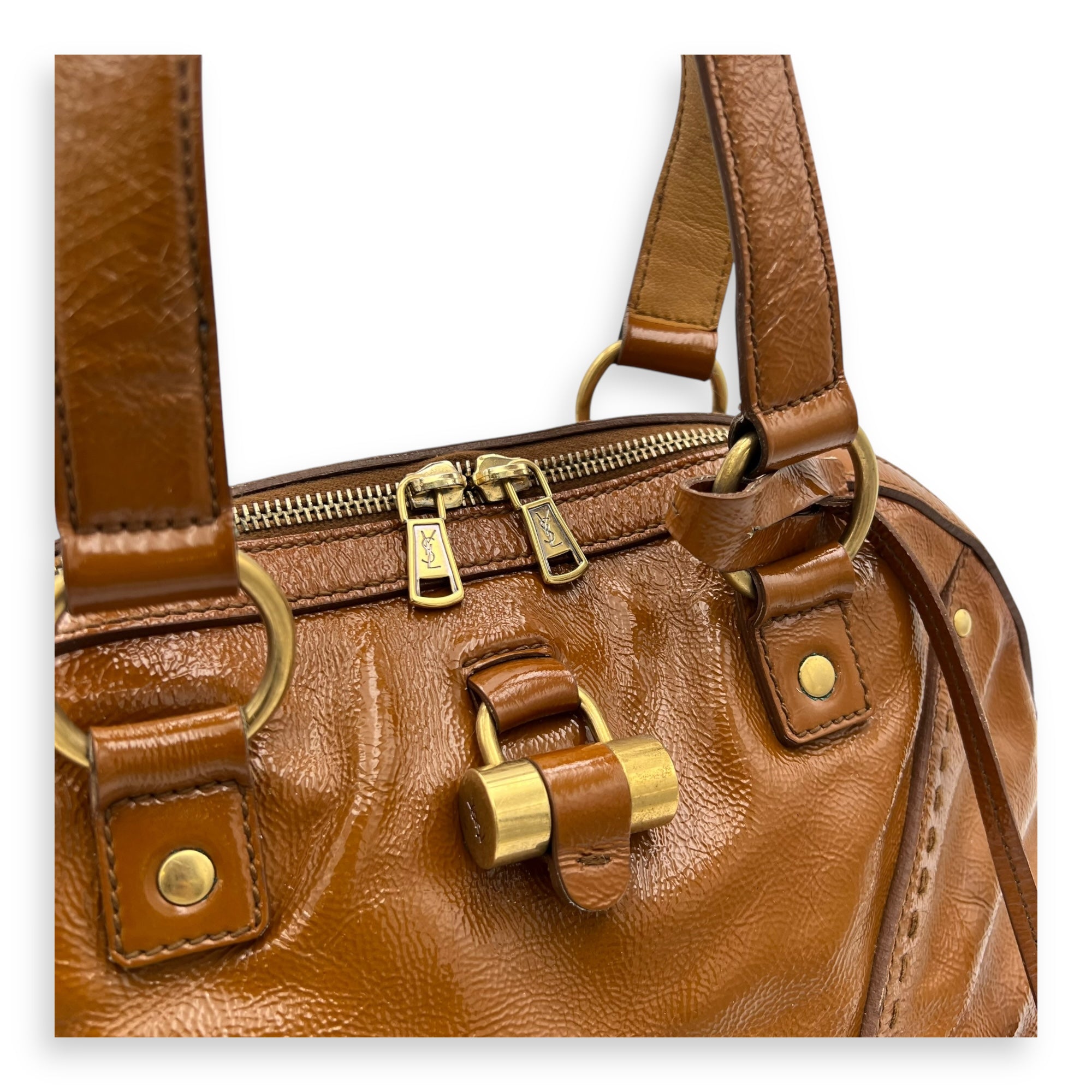 Muse Top Handle Bag Brown in Patent Leather, Gold hardware