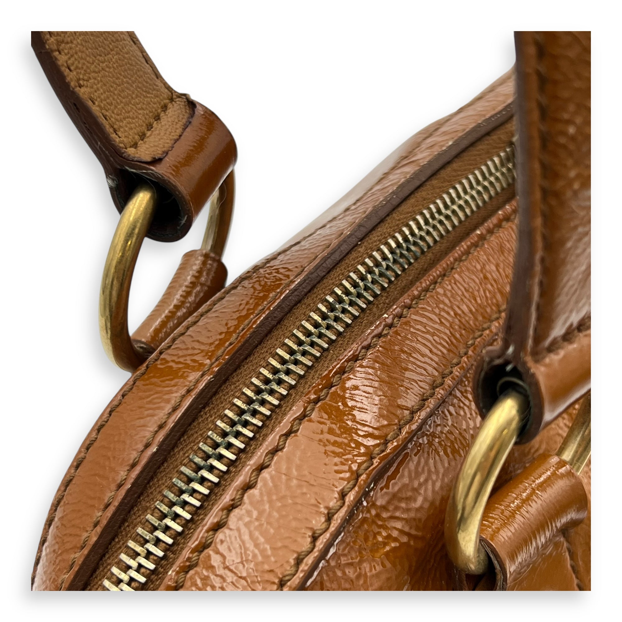 Muse Top Handle Bag Brown in Patent Leather, Gold hardware