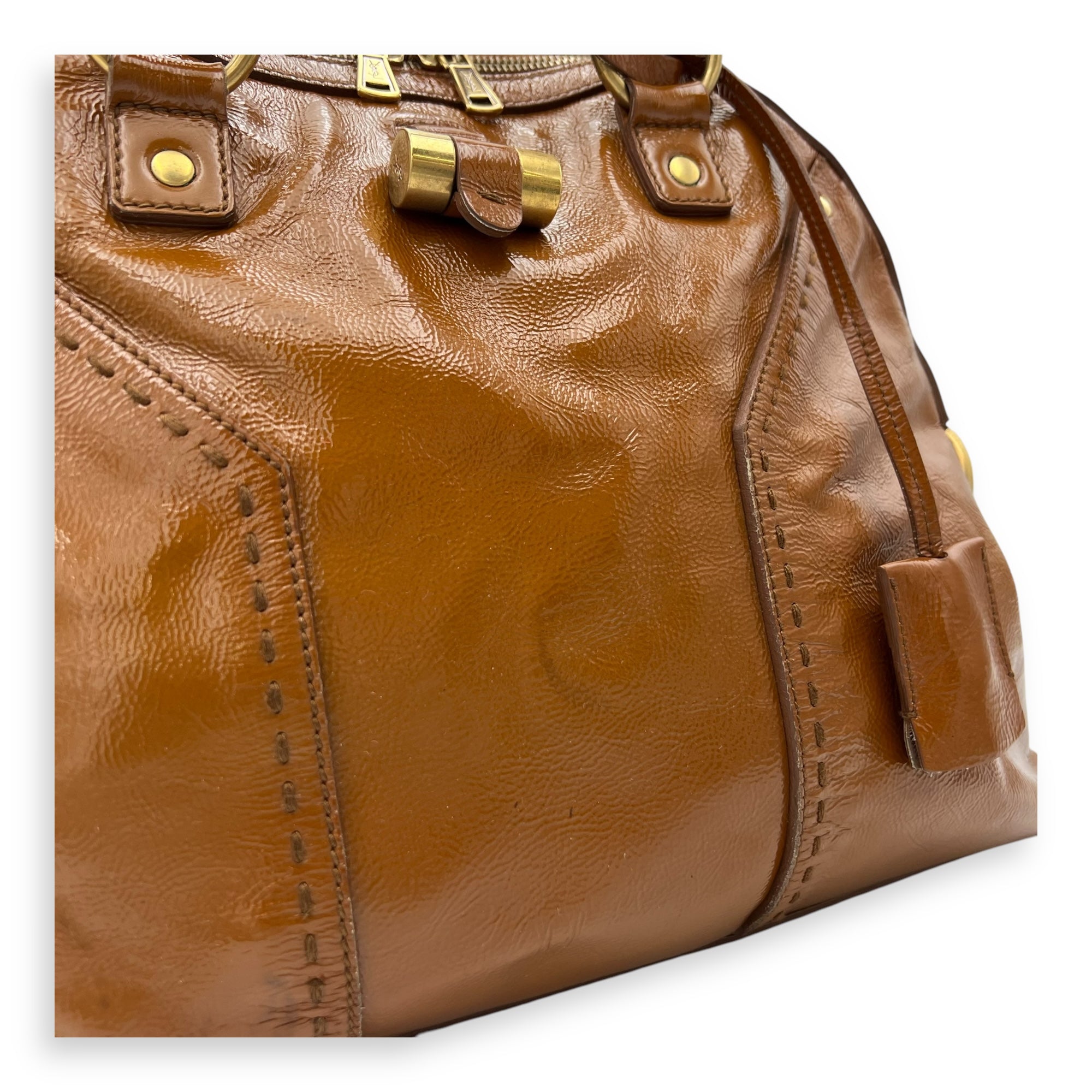 Muse Top Handle Bag Brown in Patent Leather, Gold hardware