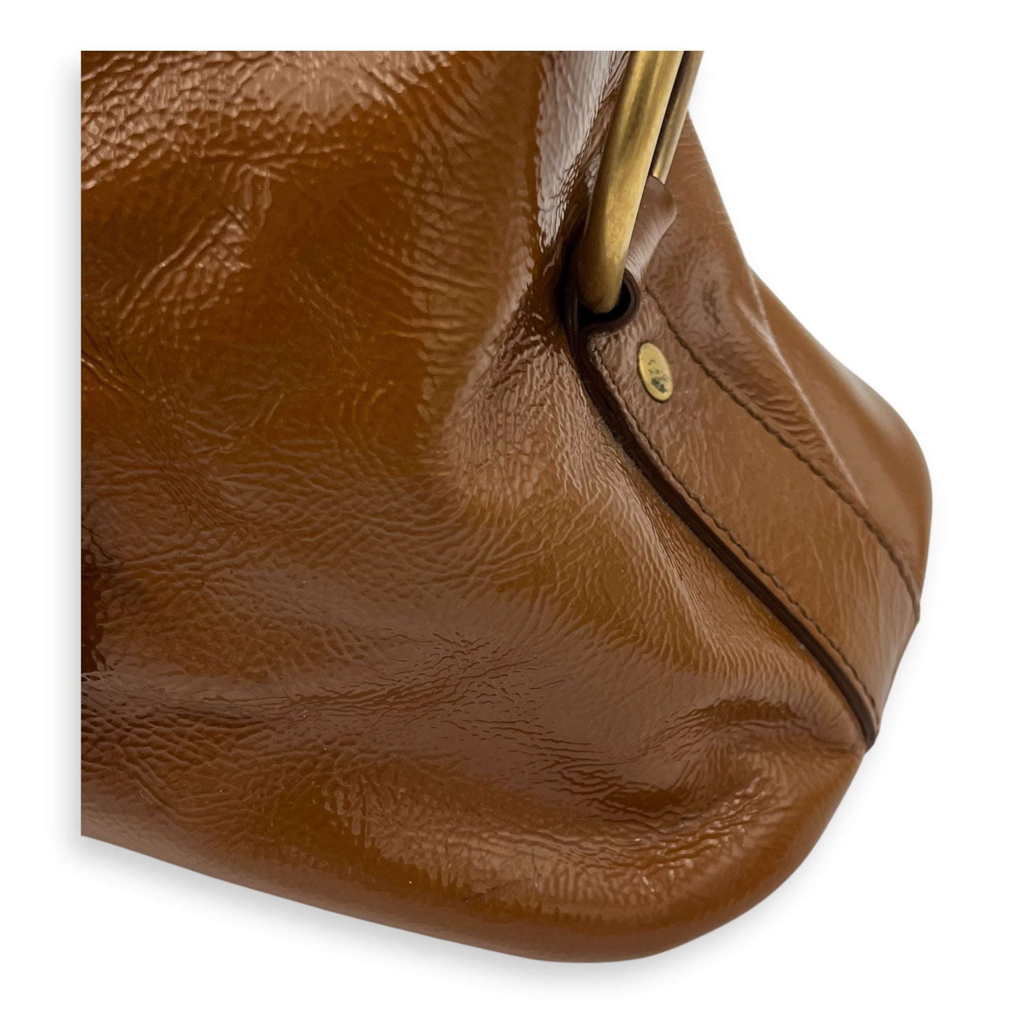 Muse Top Handle Bag Brown in Patent Leather, Gold hardware