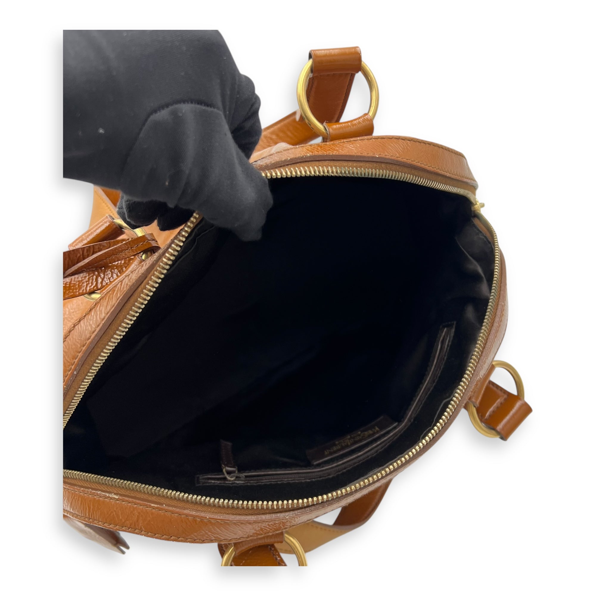 Muse Top Handle Bag Brown in Patent Leather, Gold hardware
