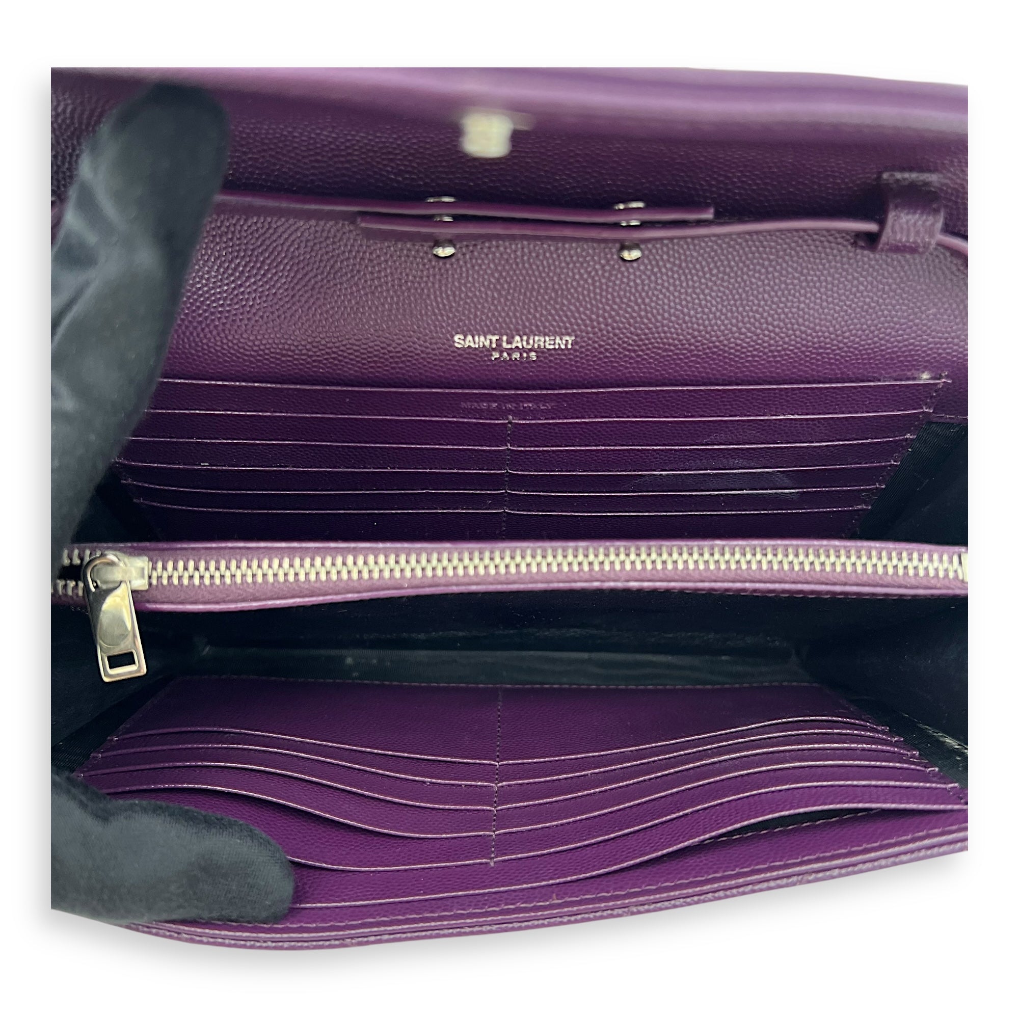 Envelope Purple Wallet On Chain in Calfskin, Silver hardware