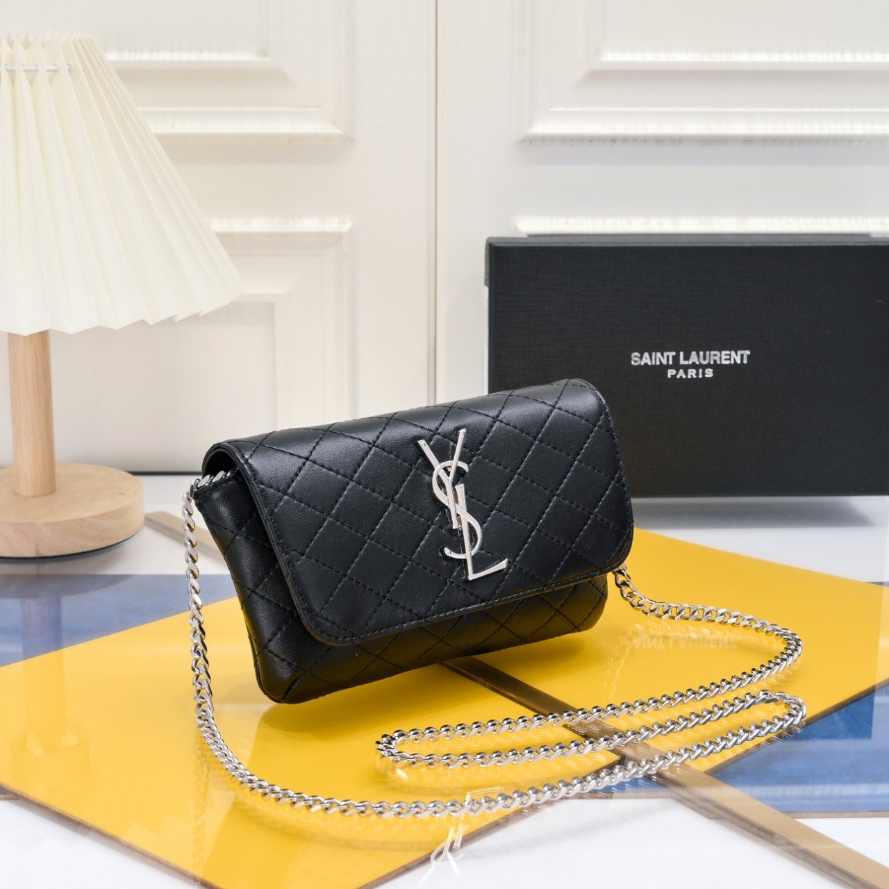 SAINT LAURENT BLACK GABY CHAIN PHONE HOLDER IN QUILTED Calfskin-SLIVER HARDWARE - Bag