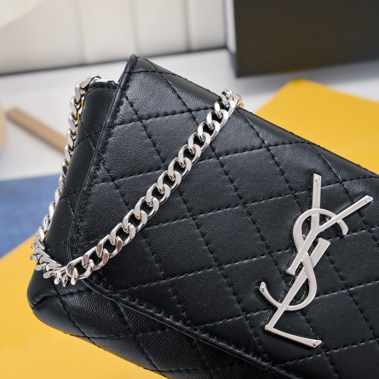 SAINT LAURENT BLACK GABY CHAIN PHONE HOLDER IN QUILTED Calfskin-SLIVER HARDWARE - Bag