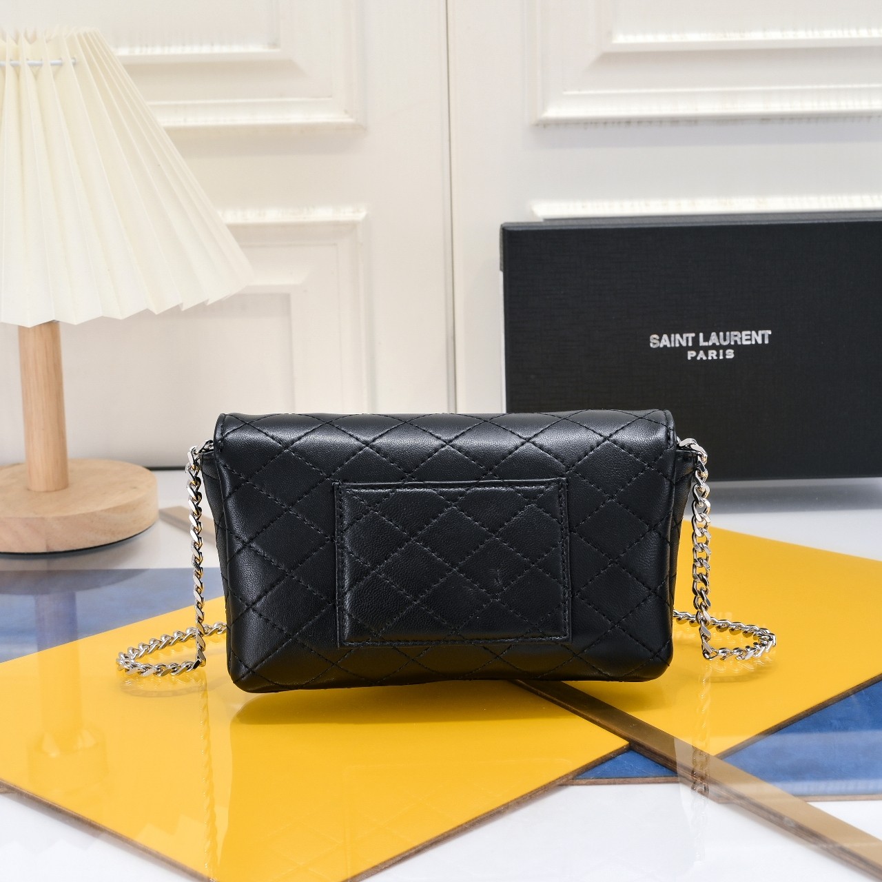 SAINT LAURENT BLACK GABY CHAIN PHONE HOLDER IN QUILTED Calfskin-SLIVER HARDWARE - Bag