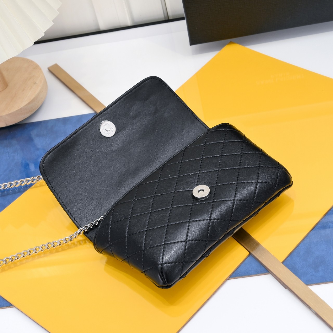 SAINT LAURENT BLACK GABY CHAIN PHONE HOLDER IN QUILTED Calfskin-SLIVER HARDWARE - Bag