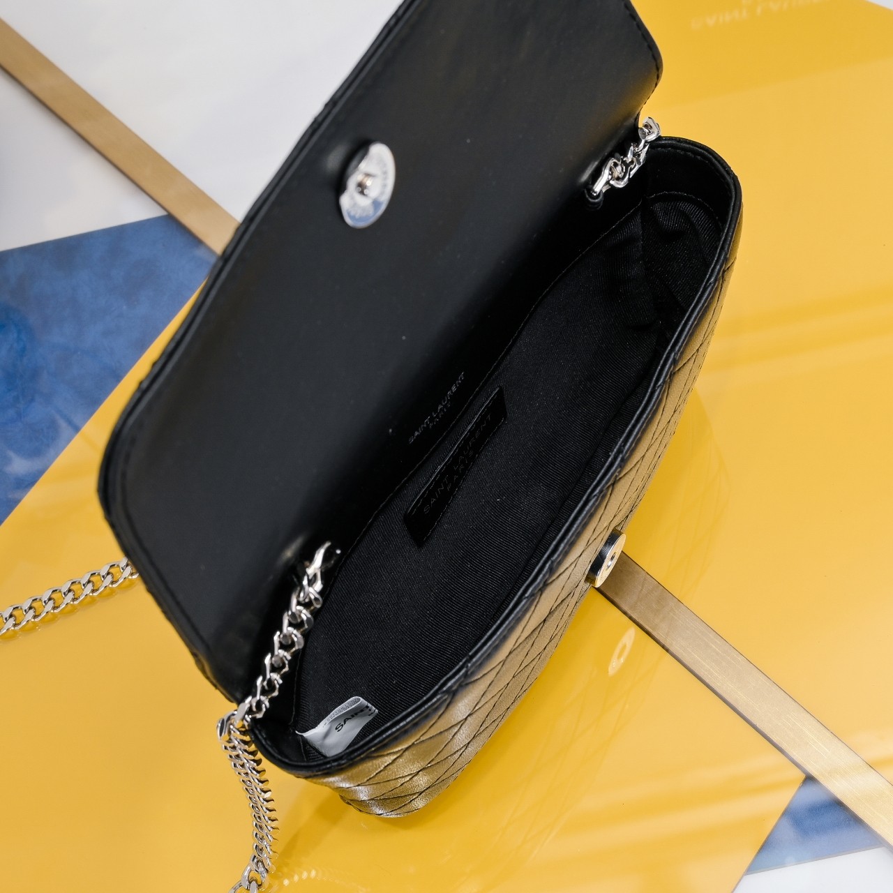 SAINT LAURENT BLACK GABY CHAIN PHONE HOLDER IN QUILTED Calfskin-SLIVER HARDWARE - Bag