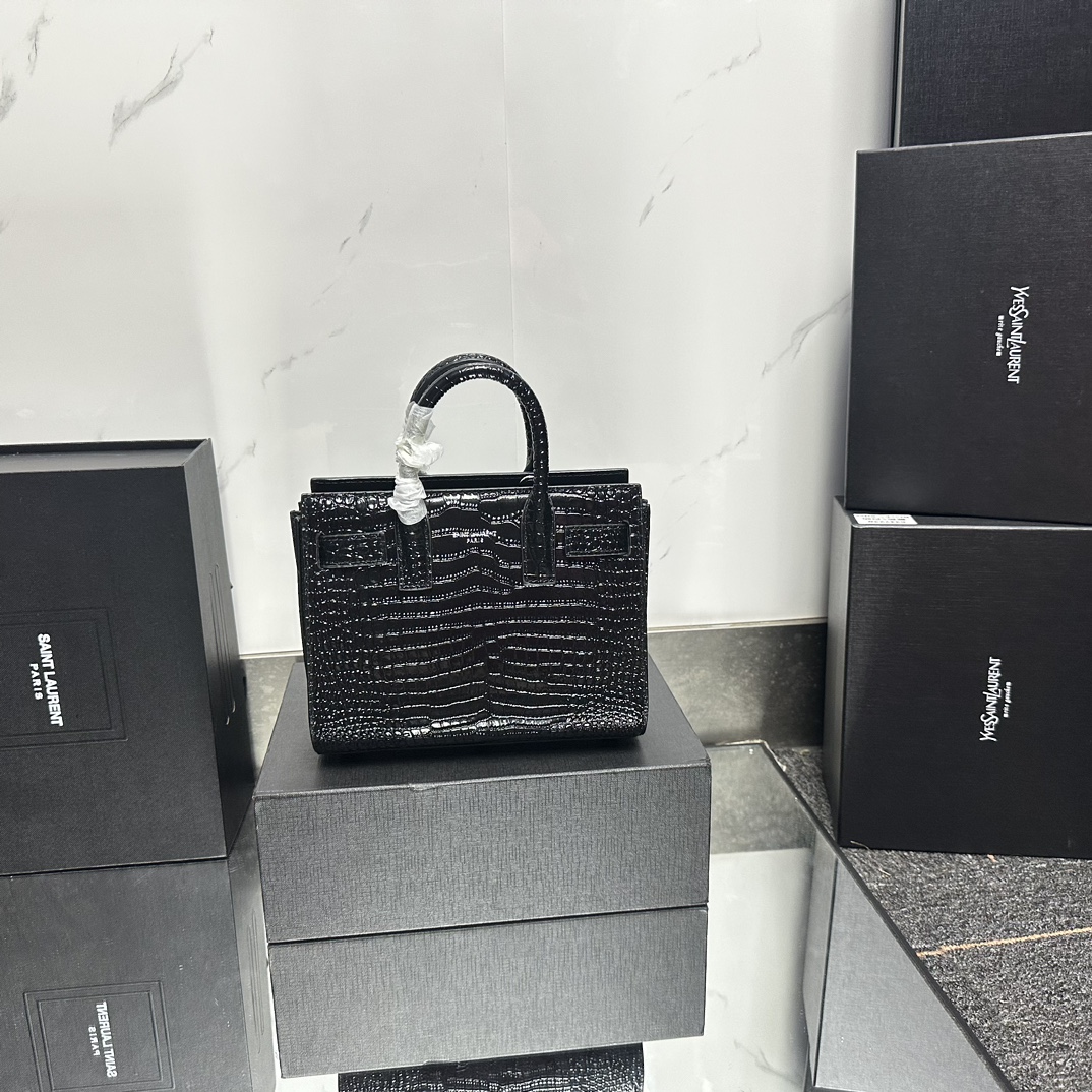 Saint Laurent Black Croc Embossed Leather Nano Classic Sac De Jour Tote - Bag