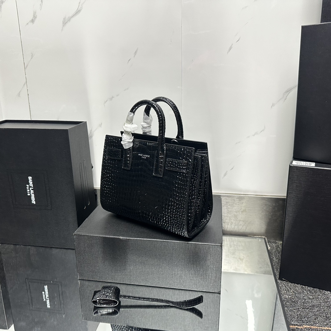 Saint Laurent Black Croc Embossed Leather Nano Classic Sac De Jour Tote - Bag